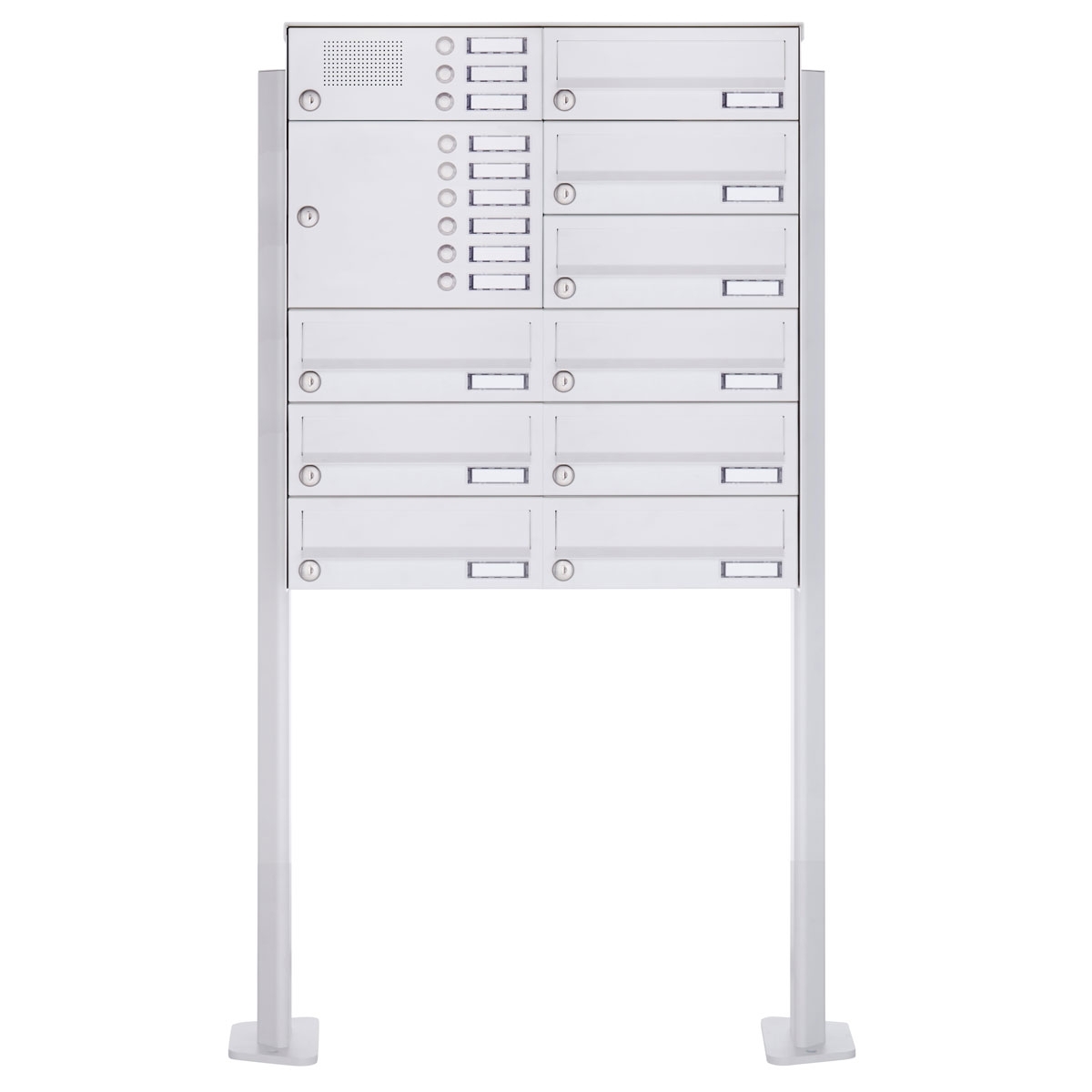 9er Standbriefkasten Design BASIC 385P-9016 ST-T mit Klingelkasten - RAL 9016 verkehrsweiß