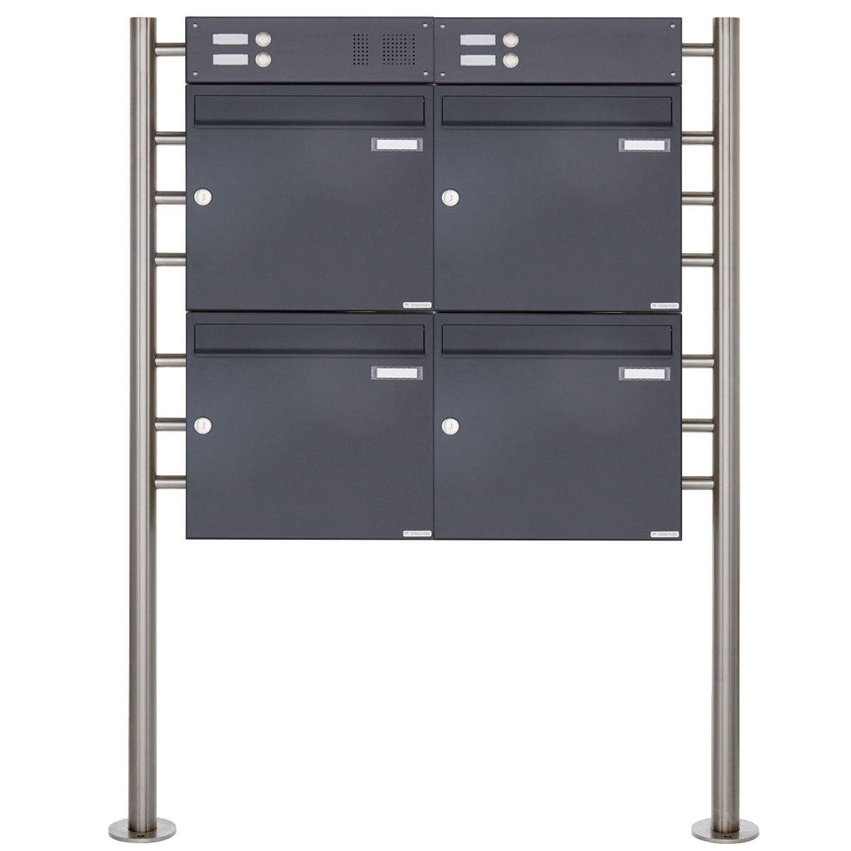 4er Standbriefkasten Design BASIC 381 ST-R mit Klingelkasten - RAL 7016 anthrazitgrau 4er Standbriefkasten Design BASIC 381 ST-R mit Klingelkasten - RAL 7016 anthrazitgrau