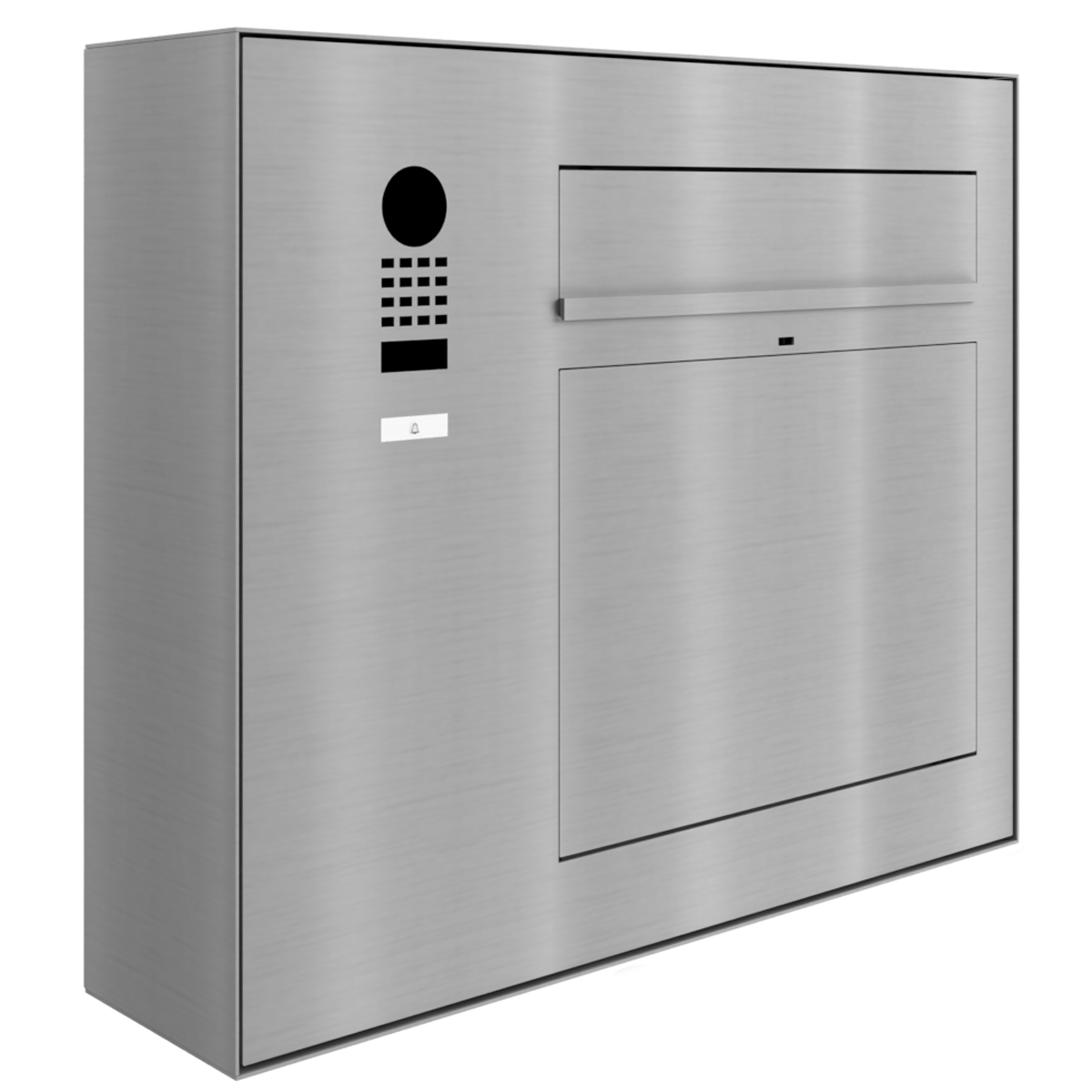 Buzón de diseño para montaje en superficie GRIMM acero inoxidable pulido  con videoportero DoorBird izquierda