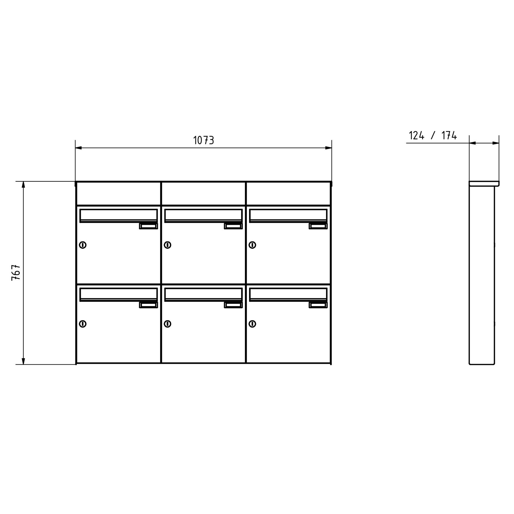 6er 3x2 stainless steel surface-mounted letterbox design BASIC Plus 382XA AP with bell boxes - RAL of your choice 6er 3x2 stainless steel surface-mounted letterbox design BASIC Plus 382XA AP with bell boxes - RAL of your choice
