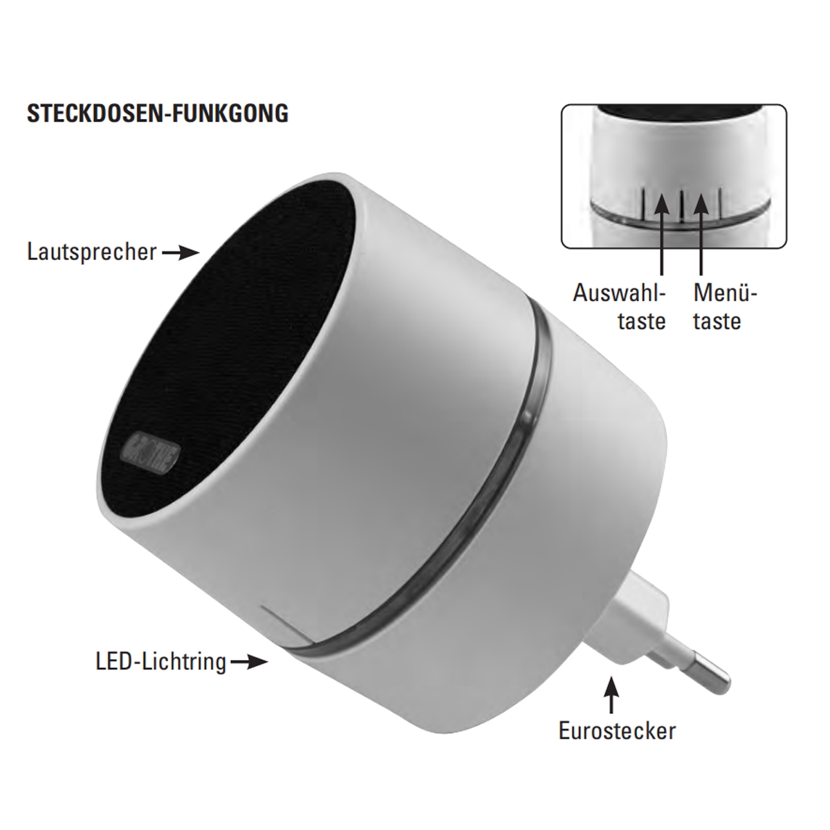 Timbre radiofónico Euroenchufe 230 V idioma DE blanco CALIMA + radiotransmisor empotrado - para pulsadores mecánicos Timbre radiofónico Euroenchufe 230 V idioma DE blanco CALIMA + radiotransmisor empotrado - para pulsadores mecánicos
