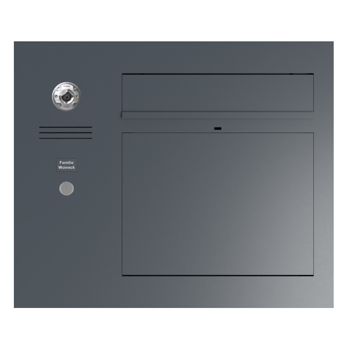 Design flush-mounted letterbox GRIMM - colour of your choice with preparation for camera and intercom left Design flush-mounted letterbox GRIMM - colour of your choice with preparation for camera and intercom left