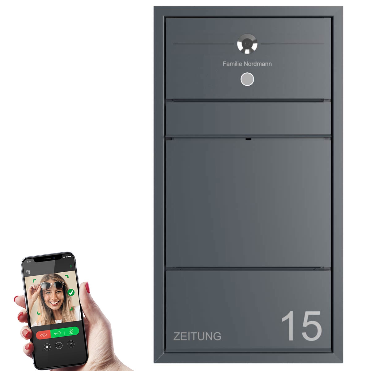 Design flush-mounted letterbox GOETHE UP with newspaper compartment - RAL of your choice - COMELIT Switch - VIDEO complete set Wifi