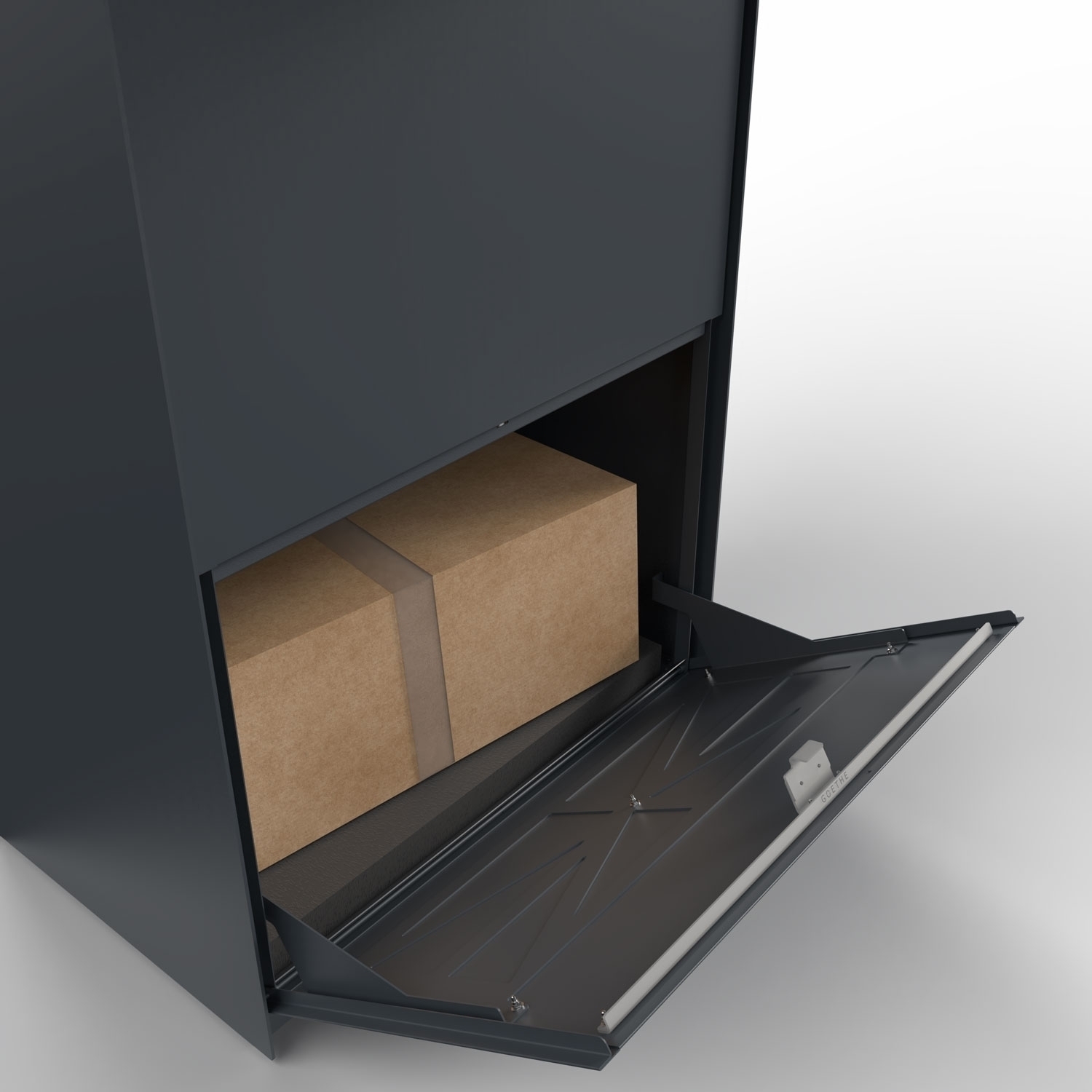 Freistehende XXL Paketbox GOETHE mit 1 Briefkasten und GIRA System 106 - Video- Sprechanlage links - Schleusensystem - RAL nach Wahl