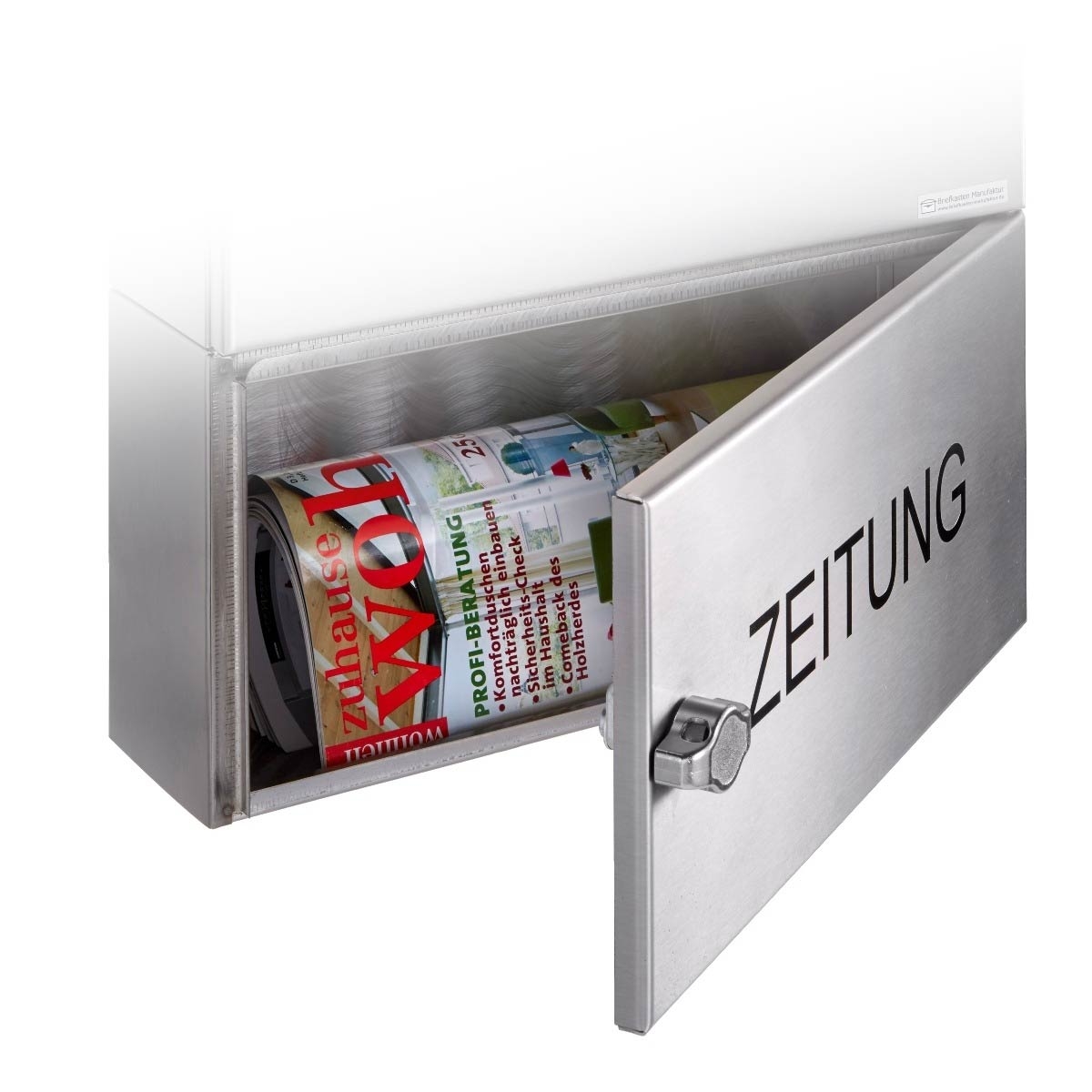 4285672bf1f099ba1e3c81af7902c1bd70d8a314 Edelstahl Zeitungsfach geschlossen BASIC Plus 382XAZZF - 355x165x100 - Entnahme rückseitig