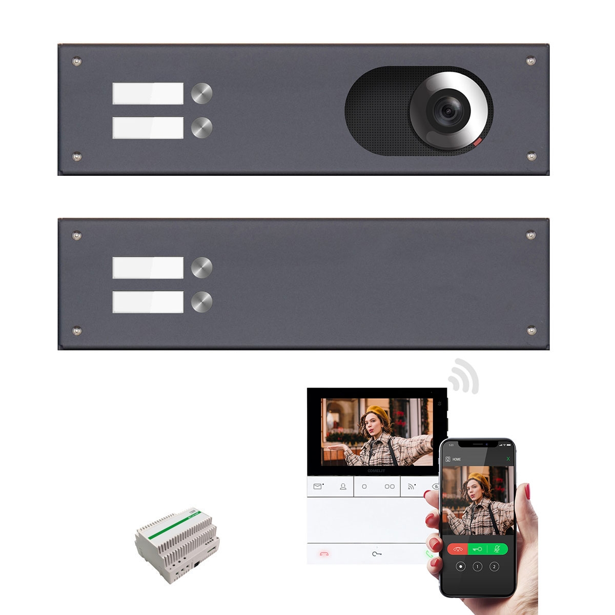 2 bandeaux en inox 355x100 pour 4 parties avec kit vidéo complet Comelit Wifi - RAL au choix 2 bandeaux en inox 355x100 pour 4 parties avec kit vidéo complet Comelit Wifi - RAL au choix