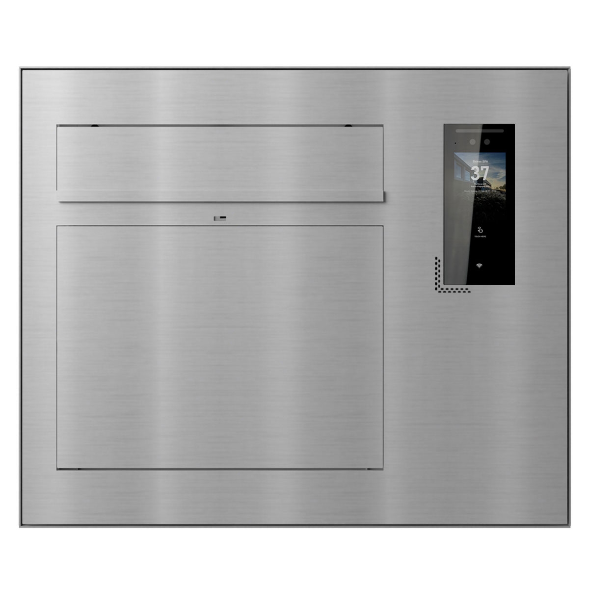 Buzón de superficie de diseño GRIMM - acero inoxidable pulido con videoportero Ekinex Dico IP derecha