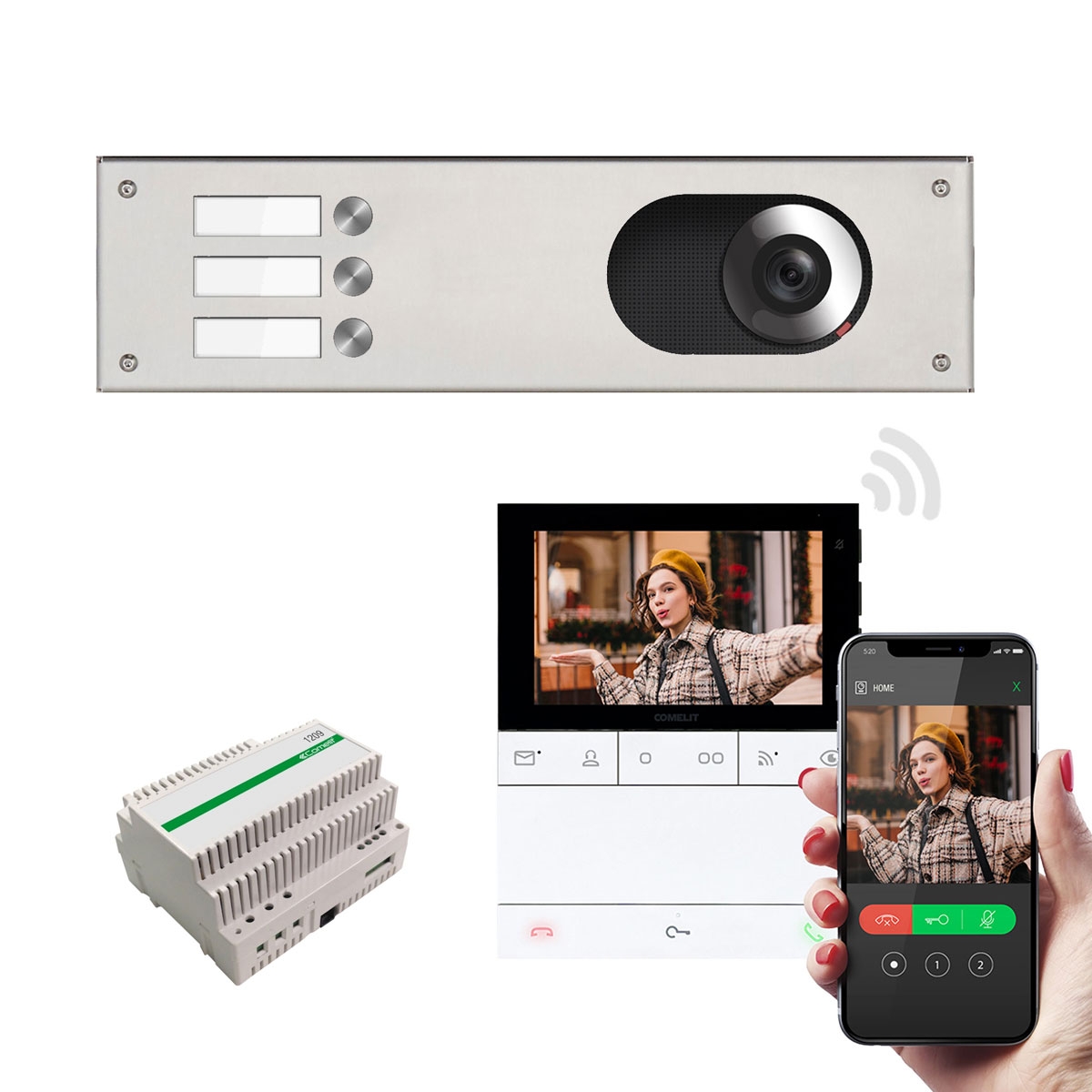 Stainless steel panel 355x100 for 3 party with Comelit complete video set Wifi Stainless steel panel 355x100 for 3 party with Comelit complete video set Wifi