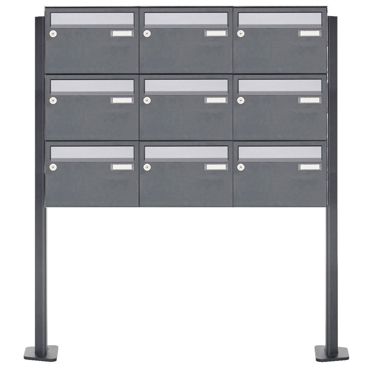 9er Briefkastenanlage freistehend Design BASIC Plus 385XP ST-T - Edelstahl-RAL nach Wahl 9er Briefkastenanlage freistehend Design BASIC Plus 385XP ST-T - Edelstahl-RAL nach Wahl