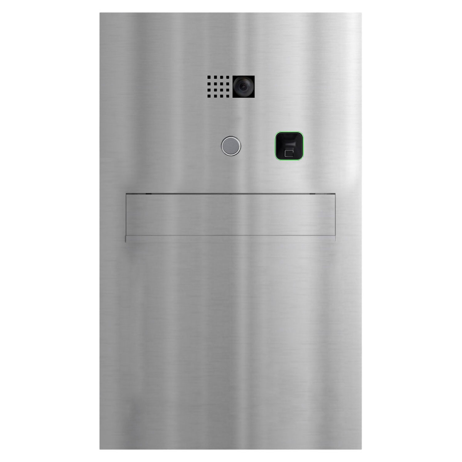 Stèle de boîte aux lettres design GRIMM - prélèvement à l'arrière - inox brossé avec COMELIT Ultra - kit VIDEO