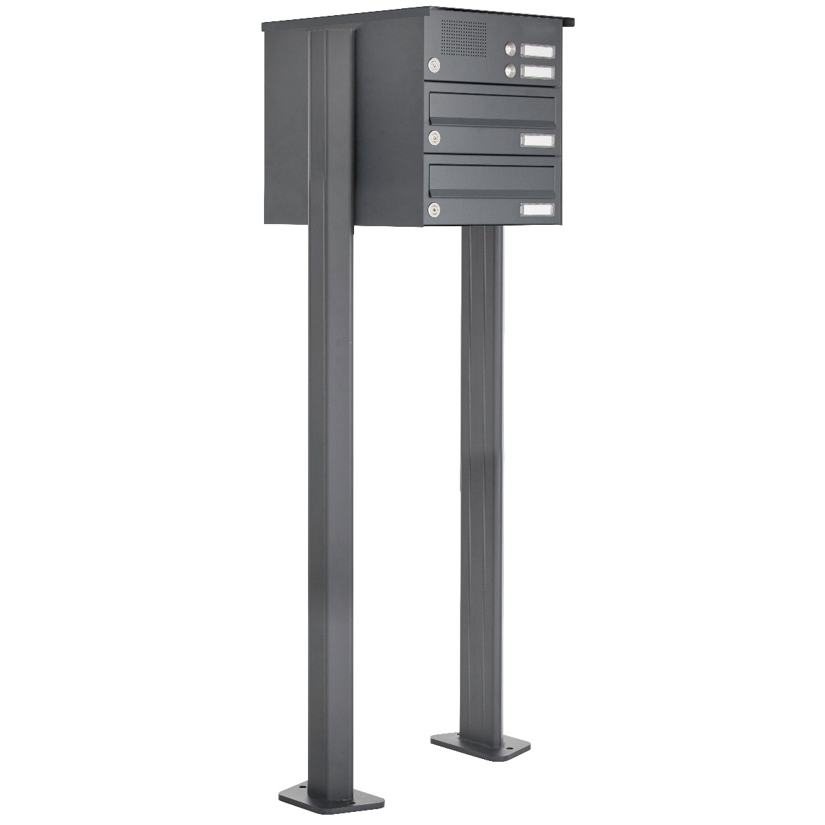 2-post box system freestanding Design BASIC 385P-7016-SP with bell intercom incl. side cladding & rain cover - horizontal letterboxes - anthracite grey RAL 7016 2-post box system freestanding Design BASIC 385P-7016-SP with bell intercom incl. side cladding & rain cover - horizontal letterboxes - anthracite grey RAL 7016