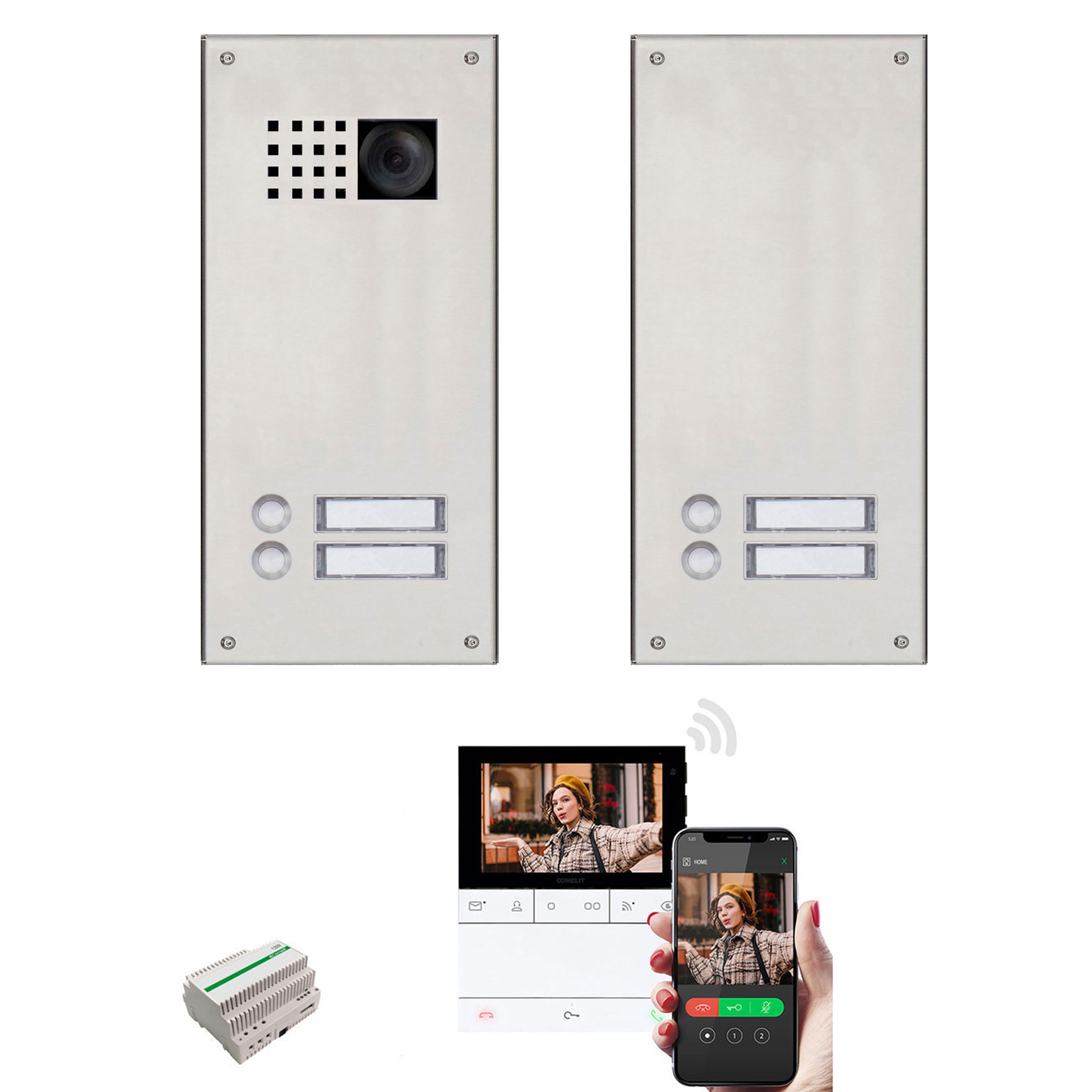 2 stainless steel screens 170x330 for 4 parties with Comelit complete video set Wifi - polished