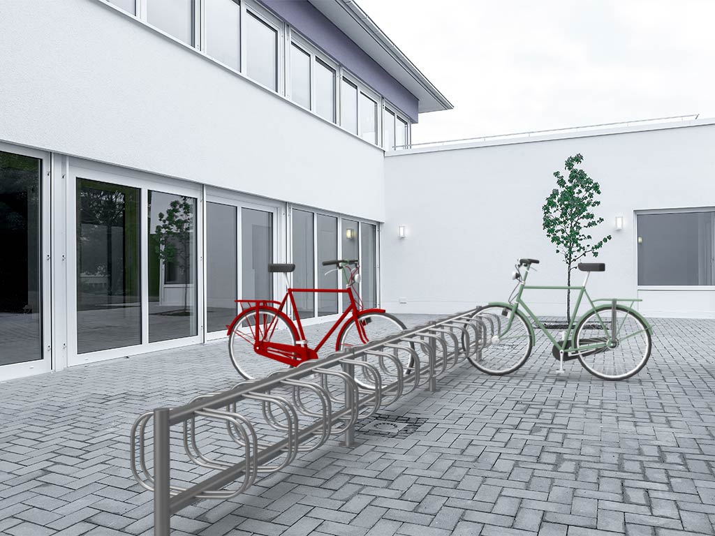 7b7e5cbd8075b11ab4a3164051d44e25381a4c79 4er Fahrradständer ACHIM mit Werbeschild - Edelstahl V2A geschliffen - Doppelseitig
