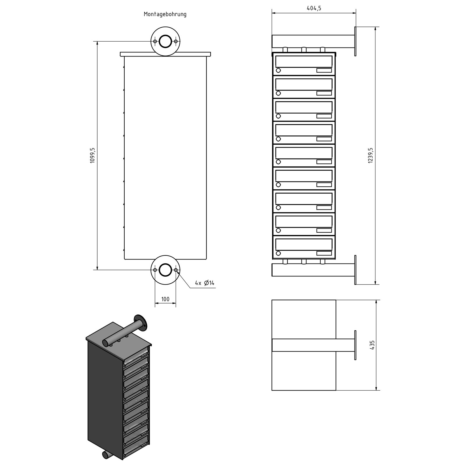 9er Edelstahl Briefkastenanlage Design BASIC Plus 385XW zur seitlichen Wandmontage - RAL nach Wahl