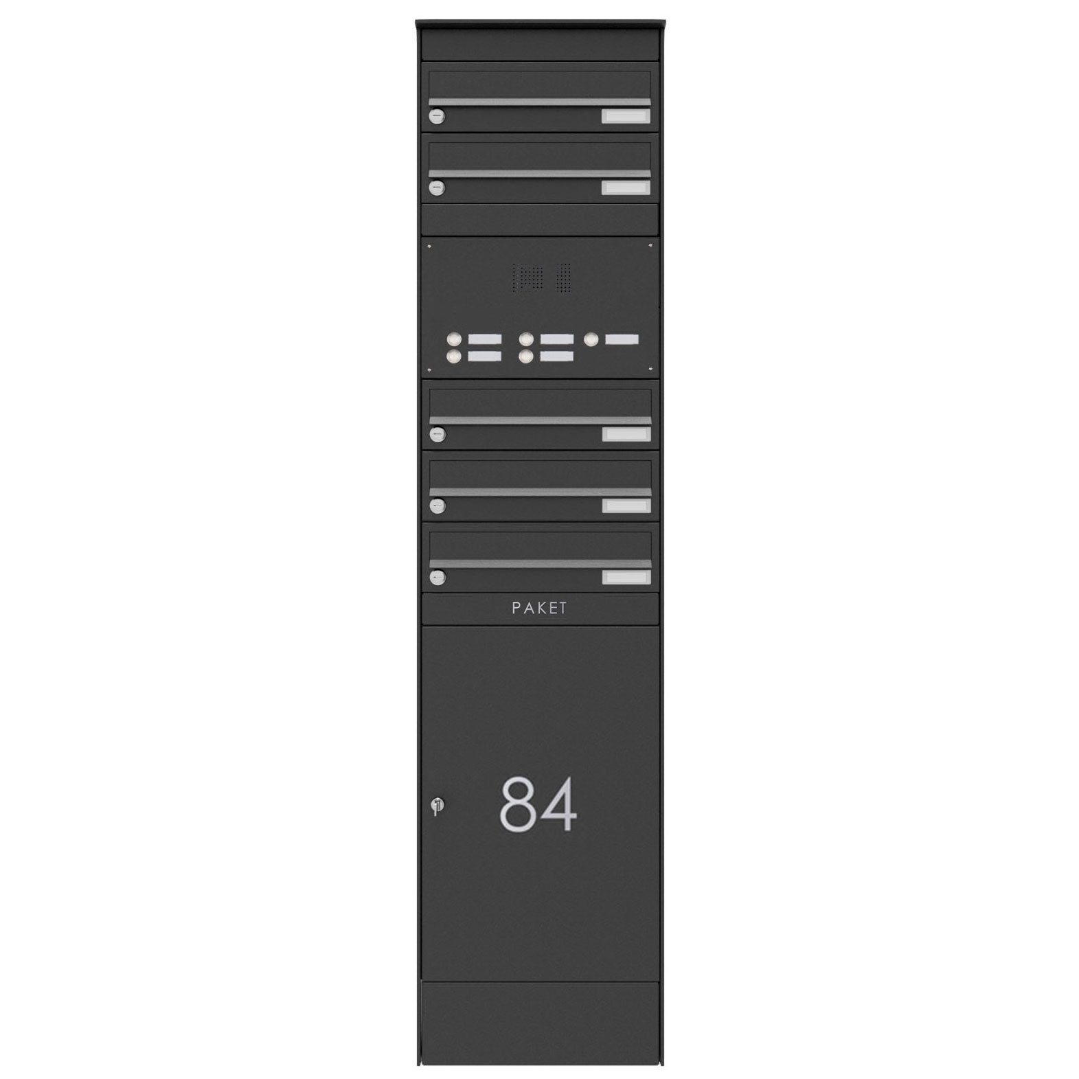 5-postbox pedestal BASIC Plus 864X with parcel compartment 550x370 & bell box - RAL of your choice 5-postbox pedestal BASIC Plus 864X with parcel compartment 550x370 & bell box - RAL of your choice