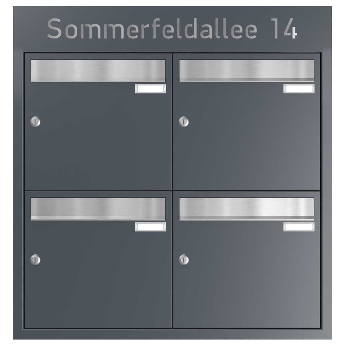 4er Unterputz Briefkastenanlage BASIC - Edition NELLY - BI-Color VA-RAL 7016 anthrazitgrau 4er Unterputz Briefkastenanlage BASIC - Edition NELLY - BI-Color VA-RAL 7016 anthrazitgrau