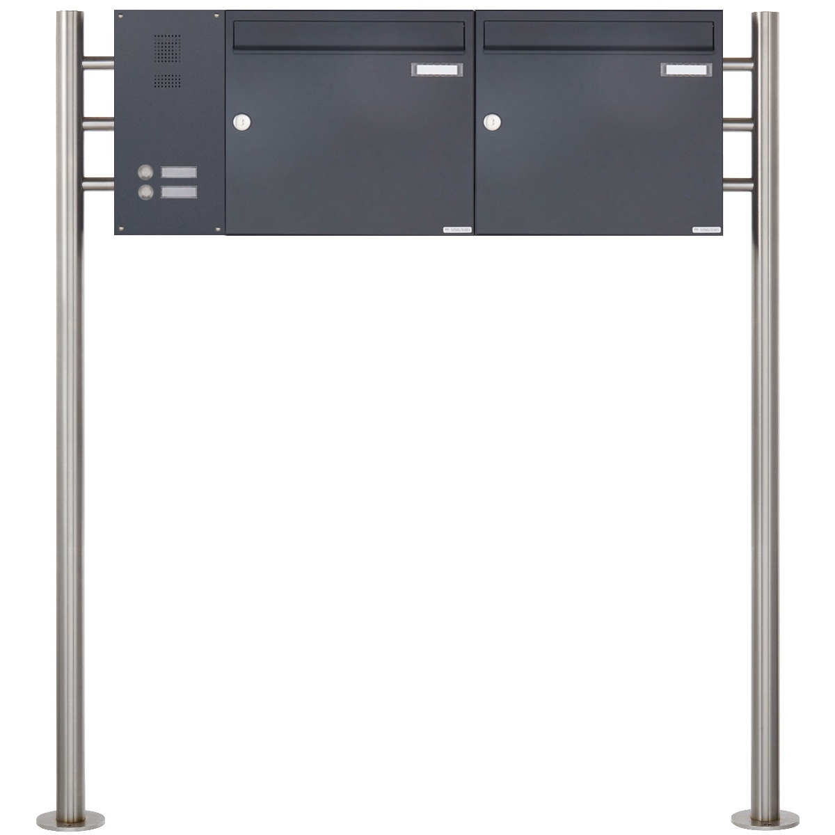 2-piece stainless steel free-standing letterbox Design BASIC Plus 381X ST-R with bell box on the side - RAL of your choice 2-piece stainless steel free-standing letterbox Design BASIC Plus 381X ST-R with bell box on the side - RAL of your choice