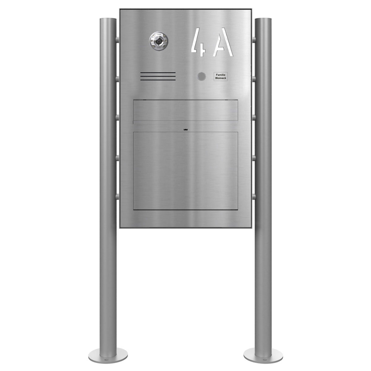Design Standbriefkasten GRIMM – Edelstahl geschliffen mit Vorbereitung für Kamera und Sprechanlage