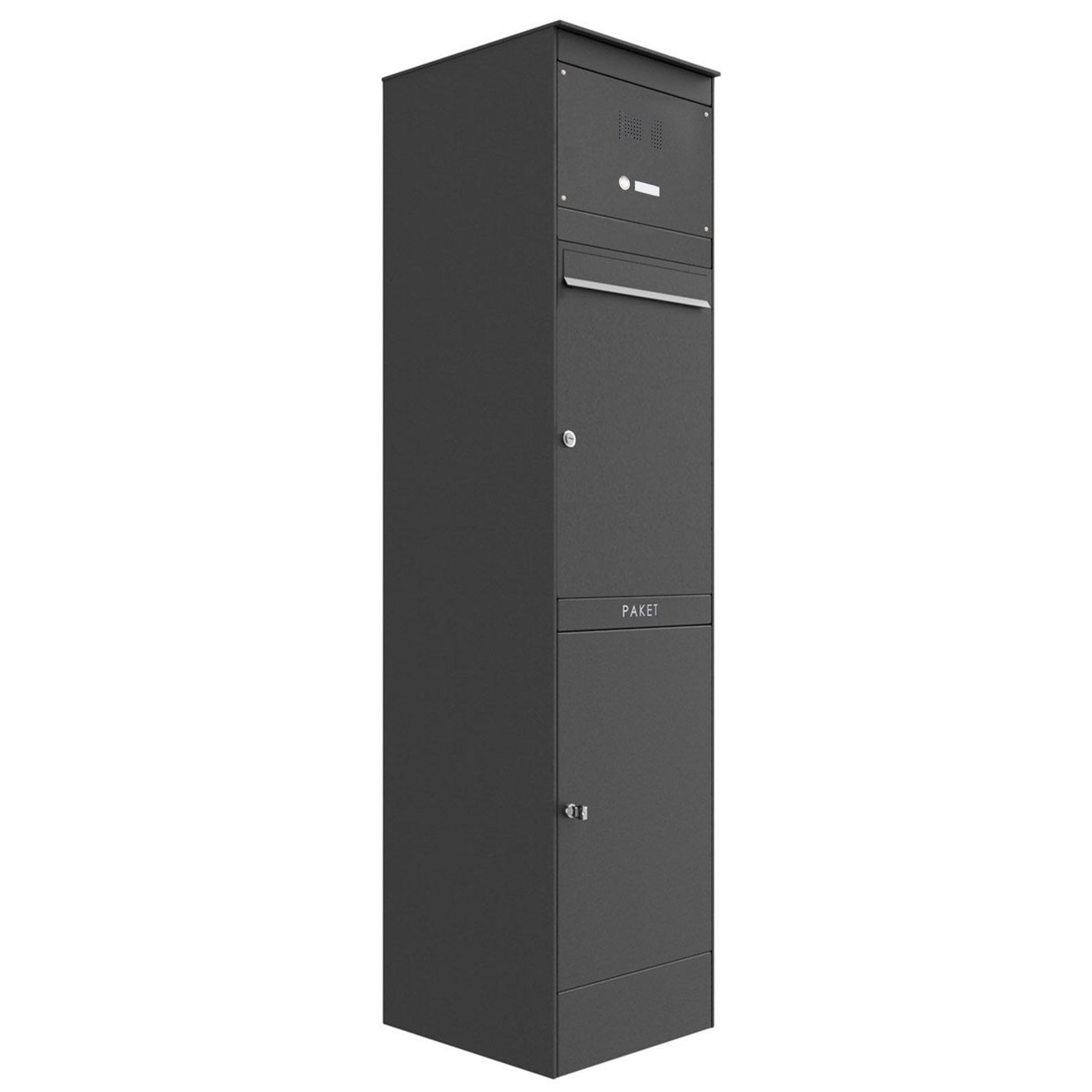 Letterbox pedestal BASIC Plus 864X with parcel compartment 550x370 & bell box - RAL of your choice Letterbox pedestal BASIC Plus 864X with parcel compartment 550x370 & bell box - RAL of your choice