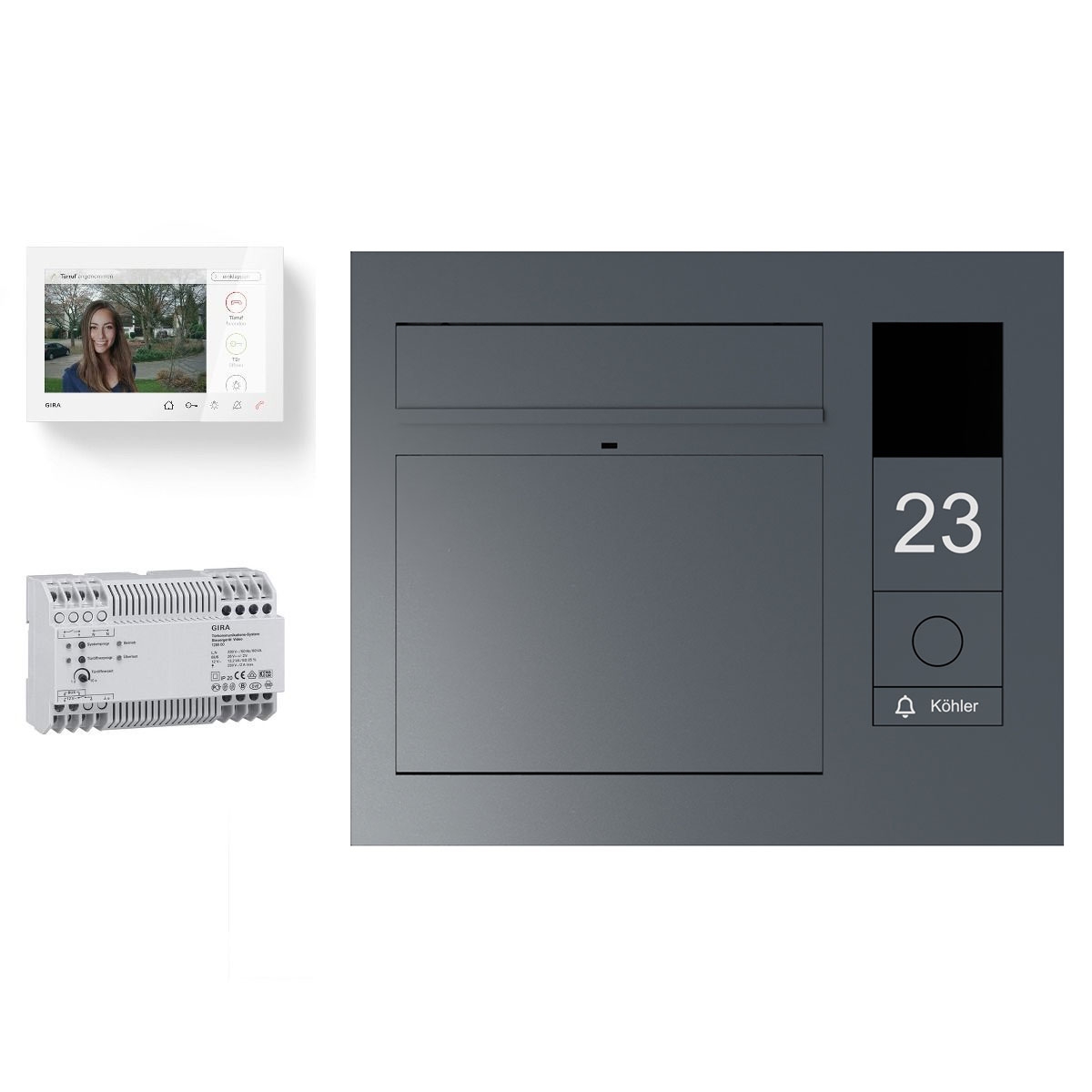 Design flush-mounted letterbox GRIMM - Colour of your choice - GIRA System 106 - Video intercom right - VIDEO complete set Design flush-mounted letterbox GRIMM - Colour of your choice - GIRA System 106 - Video intercom right - VIDEO complete set