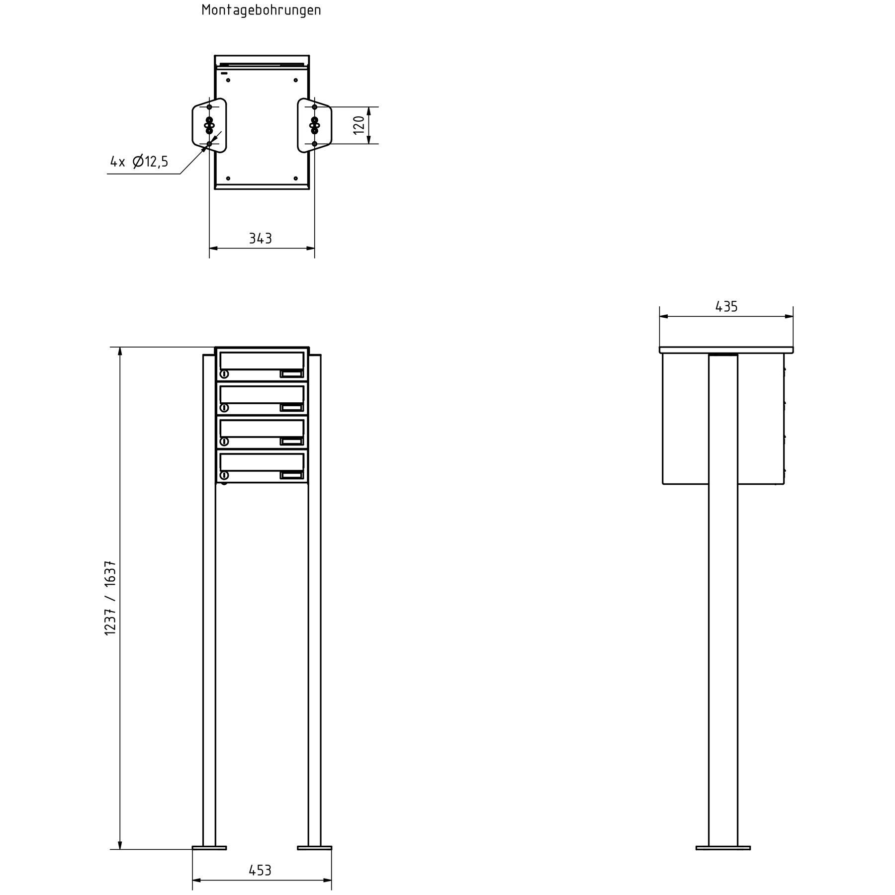 4er Briefkastenanlage freistehend Design BASIC 385P ST-T - Edelstahl-RAL 7016 anthrazitgrau 4er Briefkastenanlage freistehend Design BASIC 385P ST-T - Edelstahl-RAL 7016 anthrazitgrau