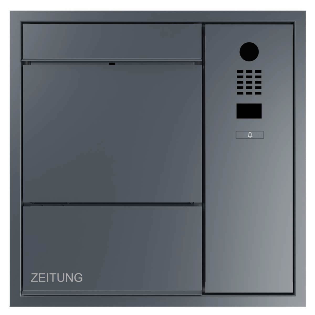 Design flush-mounted letterbox GOETHE UP lateral with newspaper compartment - DoorBird video intercom - RAL of your choice Design flush-mounted letterbox GOETHE UP lateral with newspaper compartment - DoorBird video intercom - RAL of your choice