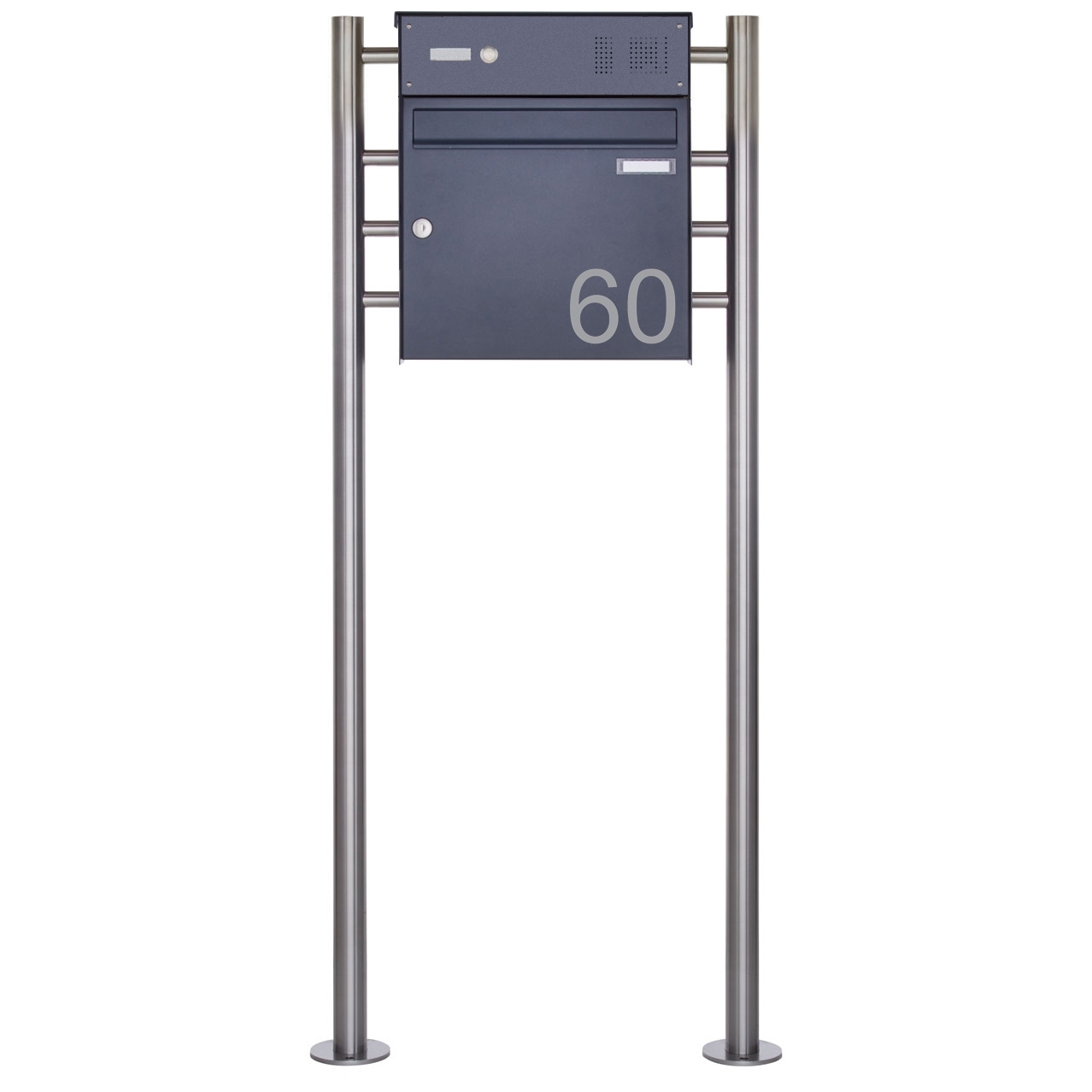 1 stainless steel free-standing letterbox Design BASIC Plus 381X ST-R with bell box - RAL of your choice 1 stainless steel free-standing letterbox Design BASIC Plus 381X ST-R with bell box - RAL of your choice