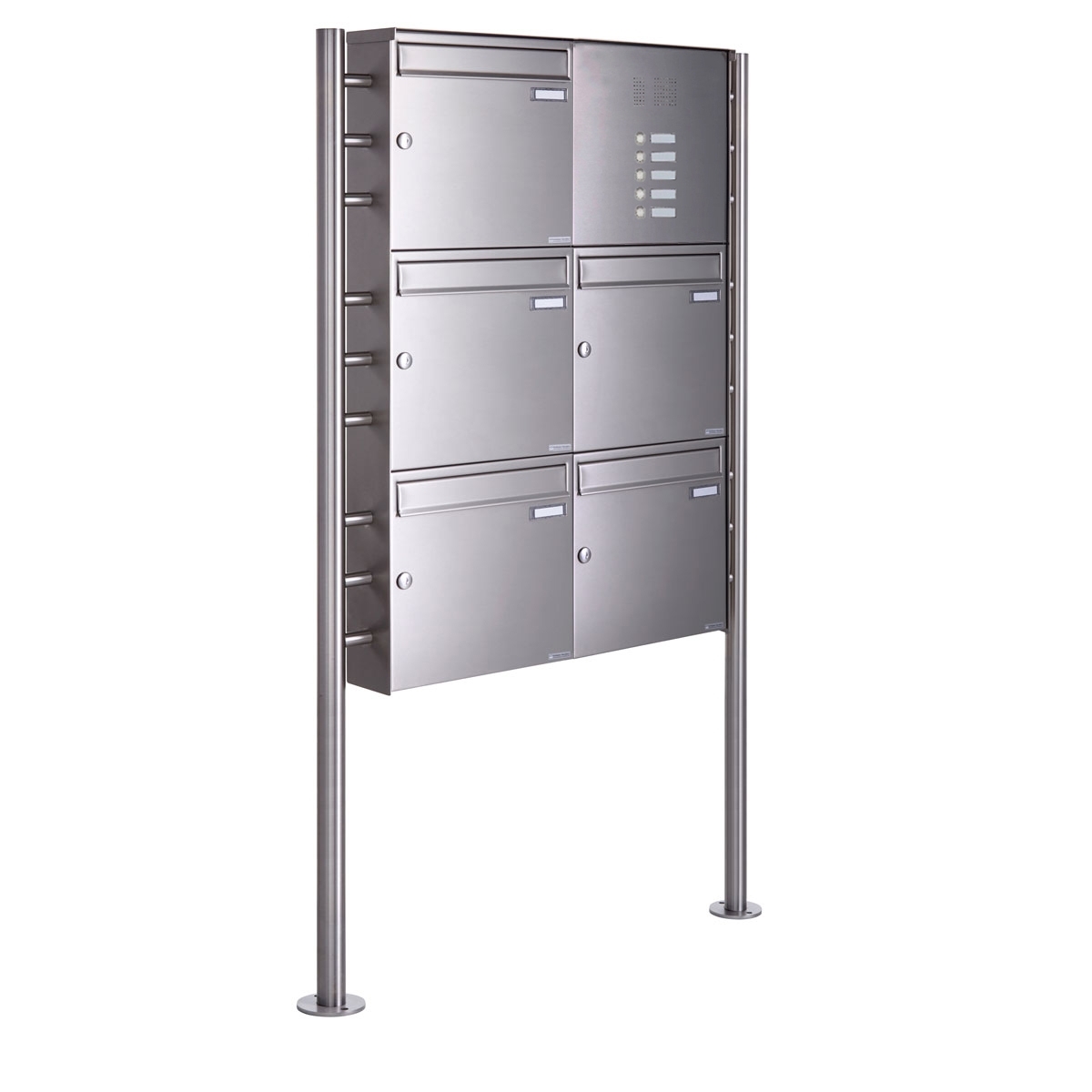 5er 3x2 Standbriefkasten Design BASIC Plus 381X ST-R mit Klingelkasten - Edelstahl V2A geschliffen