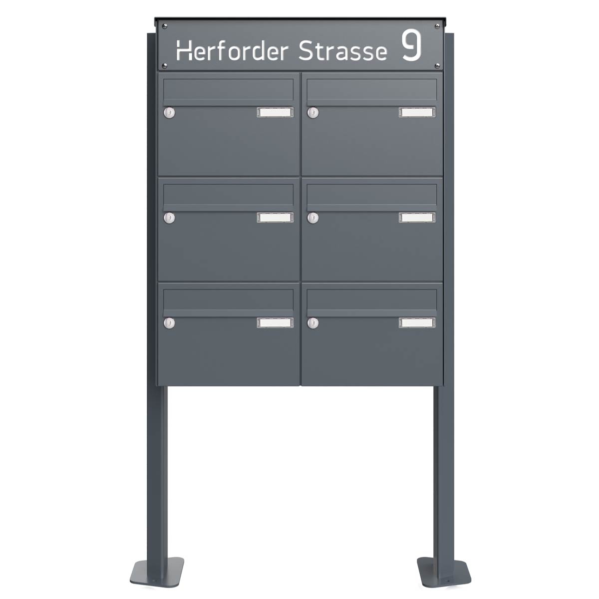 6er 2x3 Standbriefkastenanlage Design BASIC Plus 385XP ST-T - LED Beschriftung - RAL nach Wahl