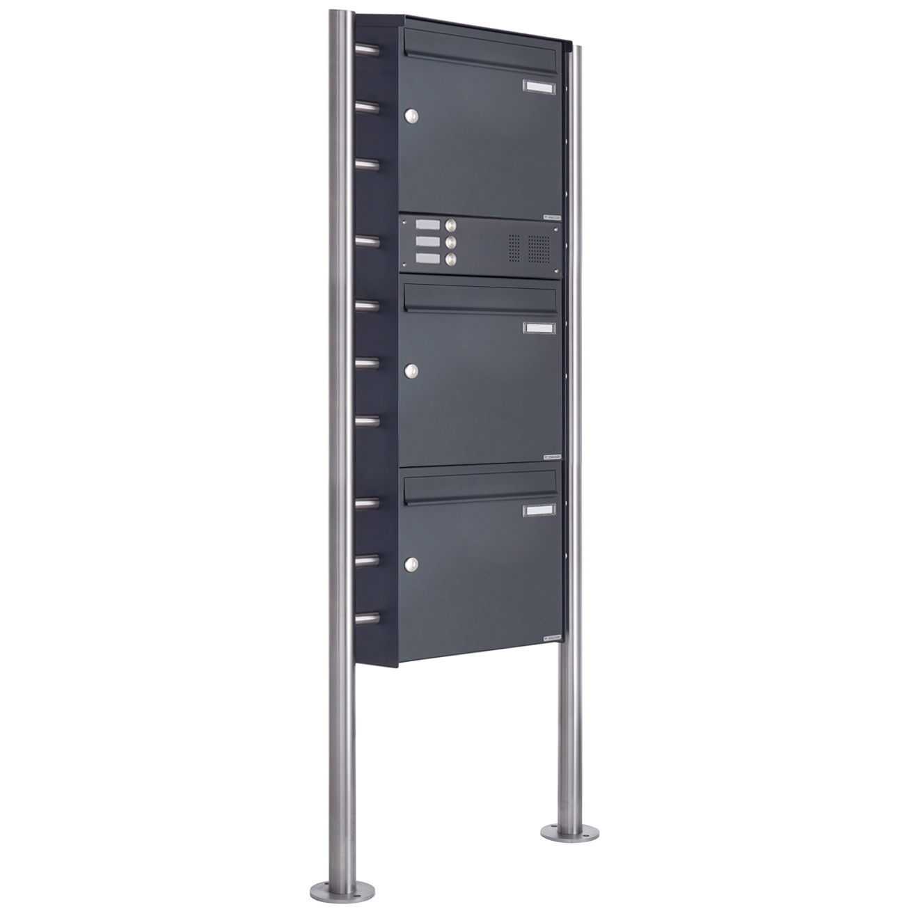 3er 3x1 stainless steel free-standing letterbox Design BASIC Plus 381X ST-R with bell box - RAL of your choice