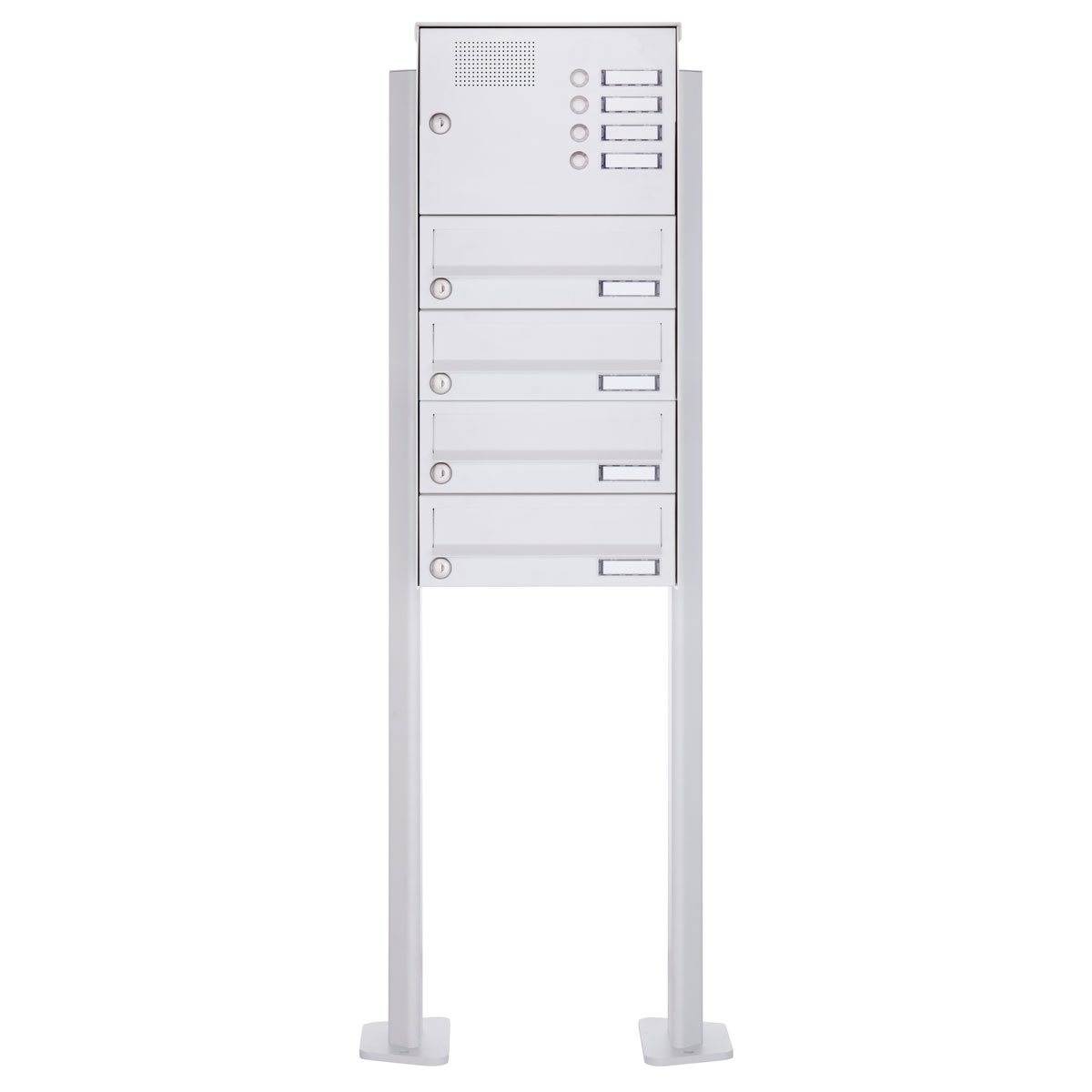 4er Standbriefkasten Design BASIC 385P-9016 ST-T mit Klingelkasten - RAL 9016 verkehrsweiß
