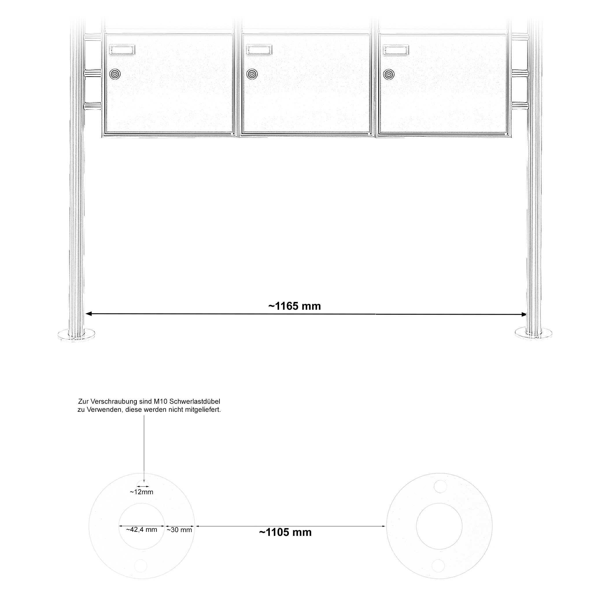 3er 1x3 letterbox Design BASIC 381 ST-R with newspaper compartment closed - RAL 7016 anthracite grey 3er 1x3 letterbox Design BASIC 381 ST-R with newspaper compartment closed - RAL 7016 anthracite grey