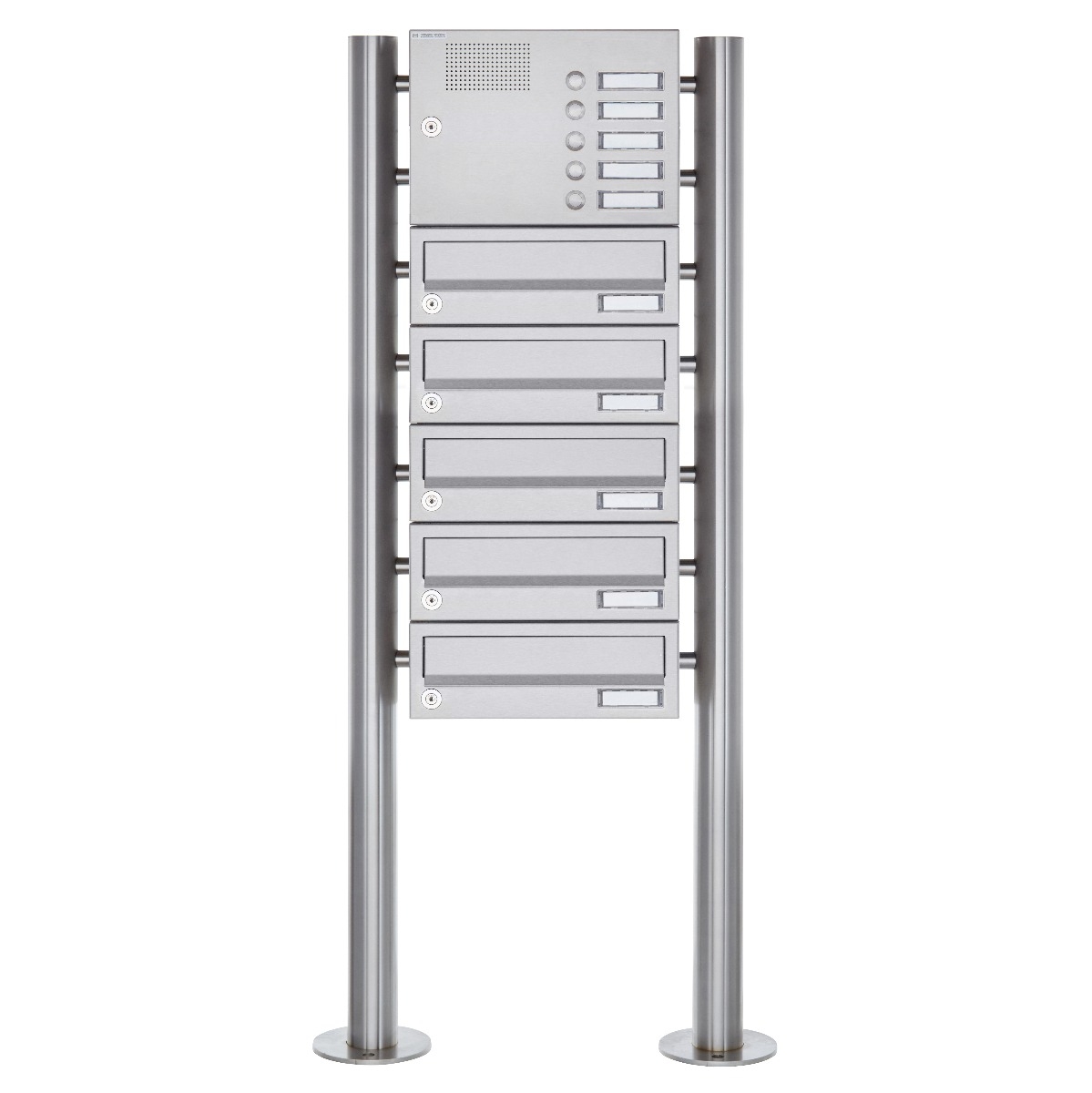 5-post letterbox design BASIC 385-VA ST-R with bell box - stainless steel V2A, polished 5-post letterbox design BASIC 385-VA ST-R with bell box - stainless steel V2A, polished