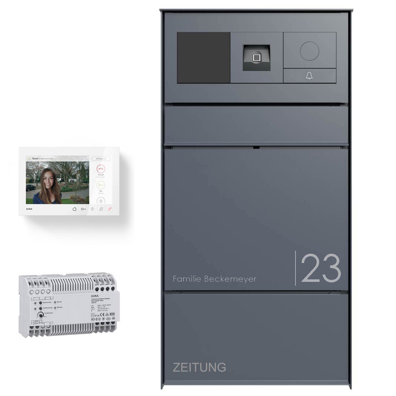Design surface-mounted letterbox GOETHE AP with newspaper compartment - RAL of your choice - GIRA System 106 Keyless In - VIDEO complete set Design surface-mounted letterbox GOETHE AP with newspaper compartment - RAL of your choice - GIRA System 106 Keyless In - VIDEO complete set