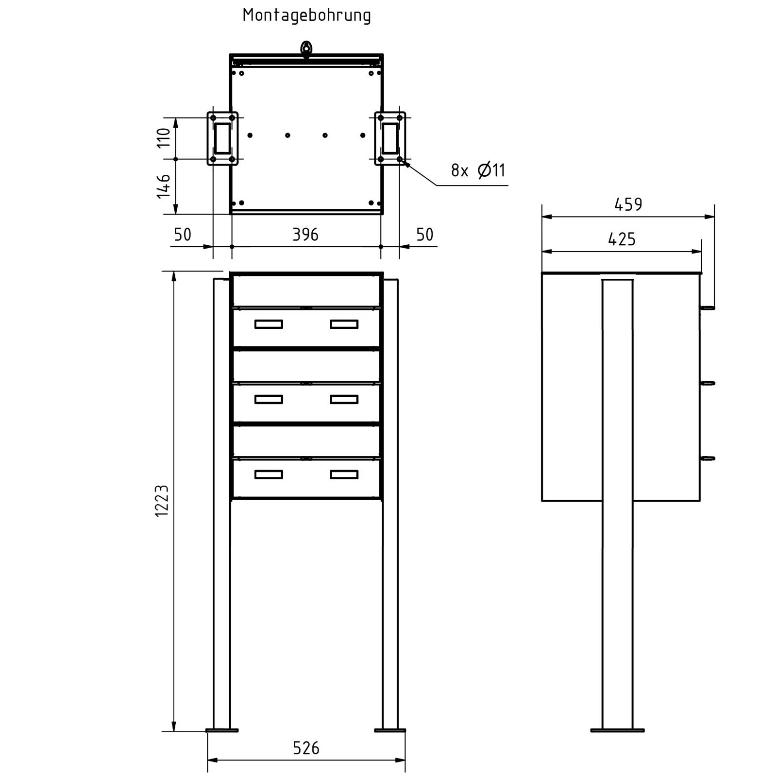 Sistema di cassette per le lettere 3er 1x3 a libera installazione GOETHE ST-Q-400 - RAL a scelta Sistema di cassette per le lettere 3er 1x3 a libera installazione GOETHE ST-Q-400 - RAL a scelta