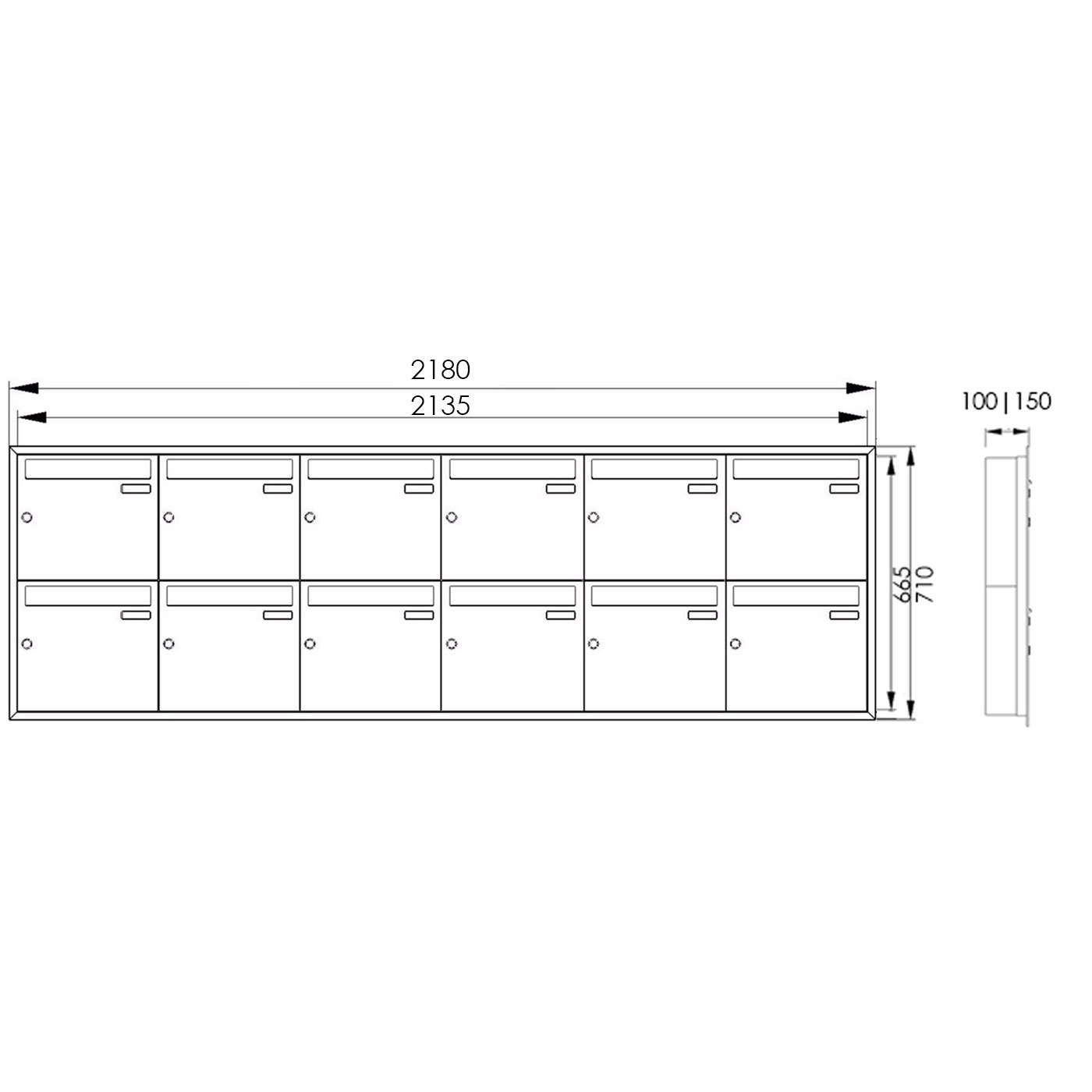 11er 6x2 Edelstahl Unterputz Briefkastenanlage BASIC Plus 382XU UP - RAL nach Wahl - 11 Parteien