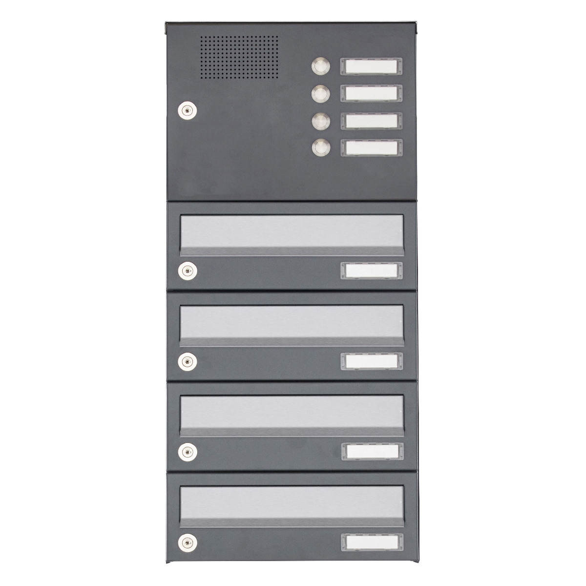 4er Aufputz Briefkastenanlage Design BASIC 385A AP mit Klingelkasten - Edelstahl-RAL 7016 anthrazit 4er Aufputz Briefkastenanlage Design BASIC 385A AP mit Klingelkasten - Edelstahl-RAL 7016 anthrazit
