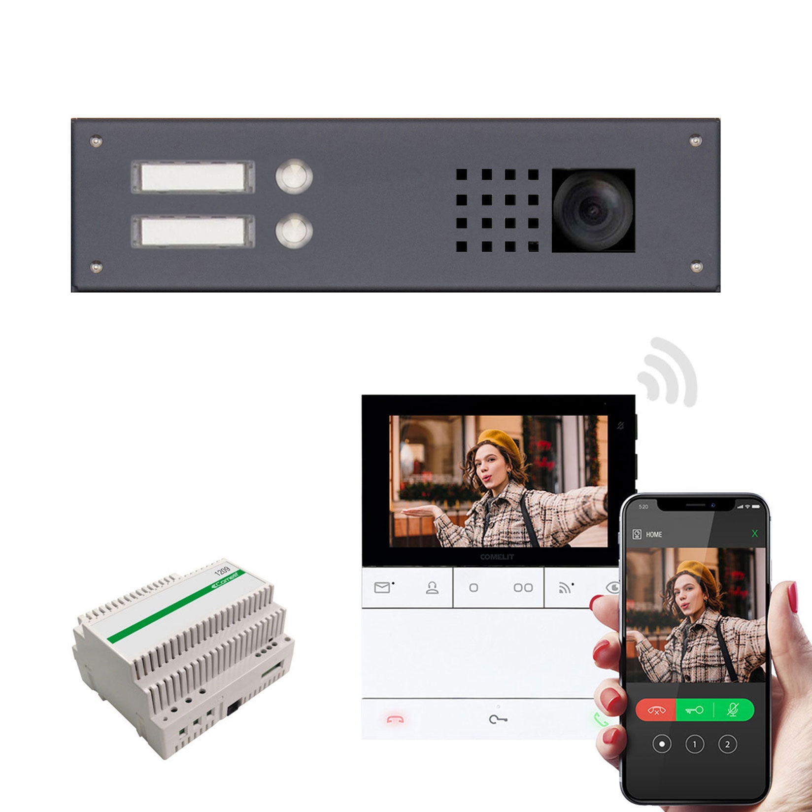 Stainless steel cover 355x100 for 2 parties, RAL of your choice FS w. Comelit complete video set Wifi