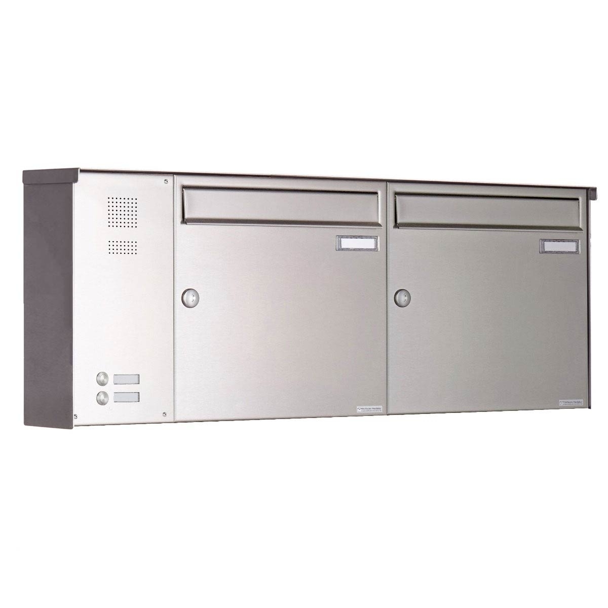 2-piece stainless steel surface-mounted letterbox BASIC Plus 382X AP with bell box on the side 2-piece stainless steel surface-mounted letterbox BASIC Plus 382X AP with bell box on the side