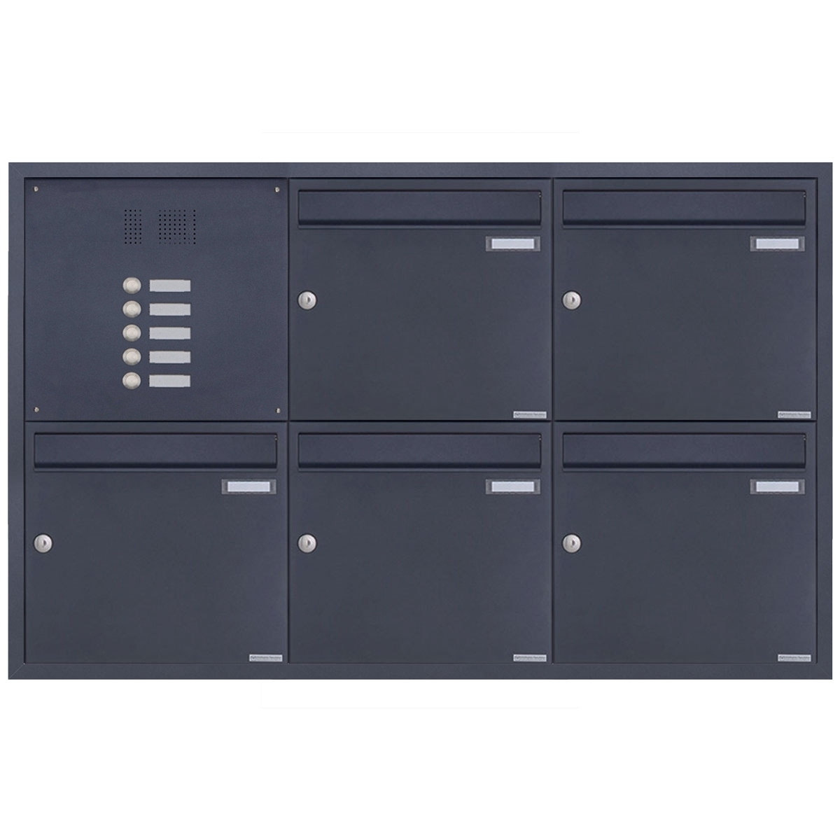 5-piece 3x2 stainless steel flush-mounted letterbox system BASIC Plus 382XU UP with bell box - RAL of your choice 5-piece 3x2 stainless steel flush-mounted letterbox system BASIC Plus 382XU UP with bell box - RAL of your choice