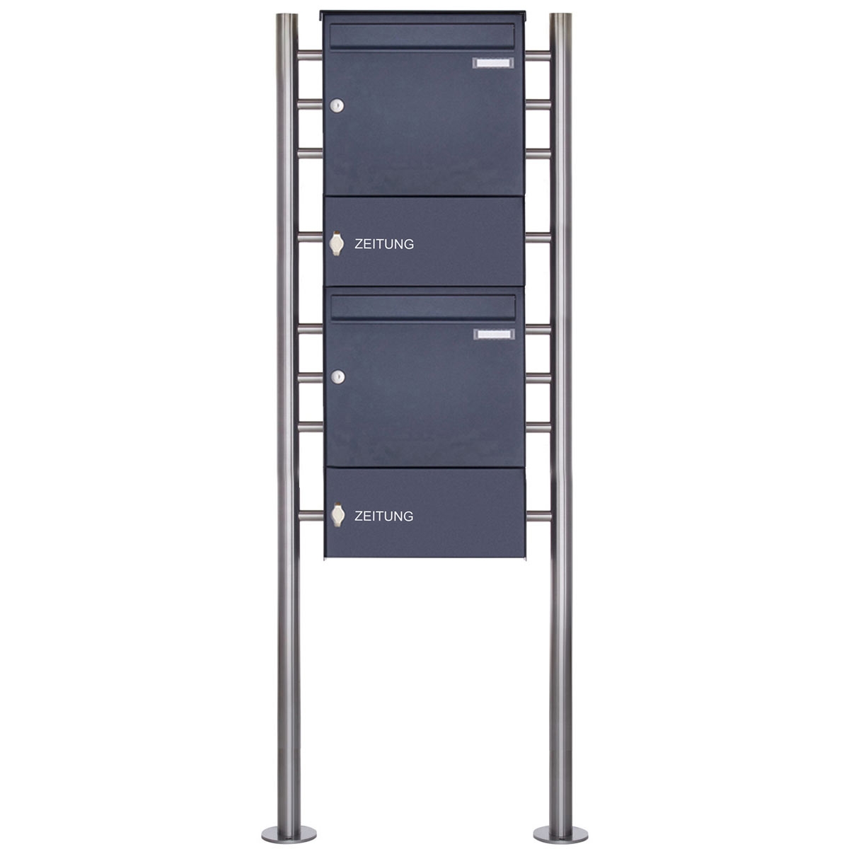2er Edelstahl Standbriefkasten Design BASIC Plus 381X ST-R mit 2x Zeitungsfach geschlossen - RAL nach Wahl 2er Edelstahl Standbriefkasten Design BASIC Plus 381X ST-R mit 2x Zeitungsfach geschlossen - RAL nach Wahl
