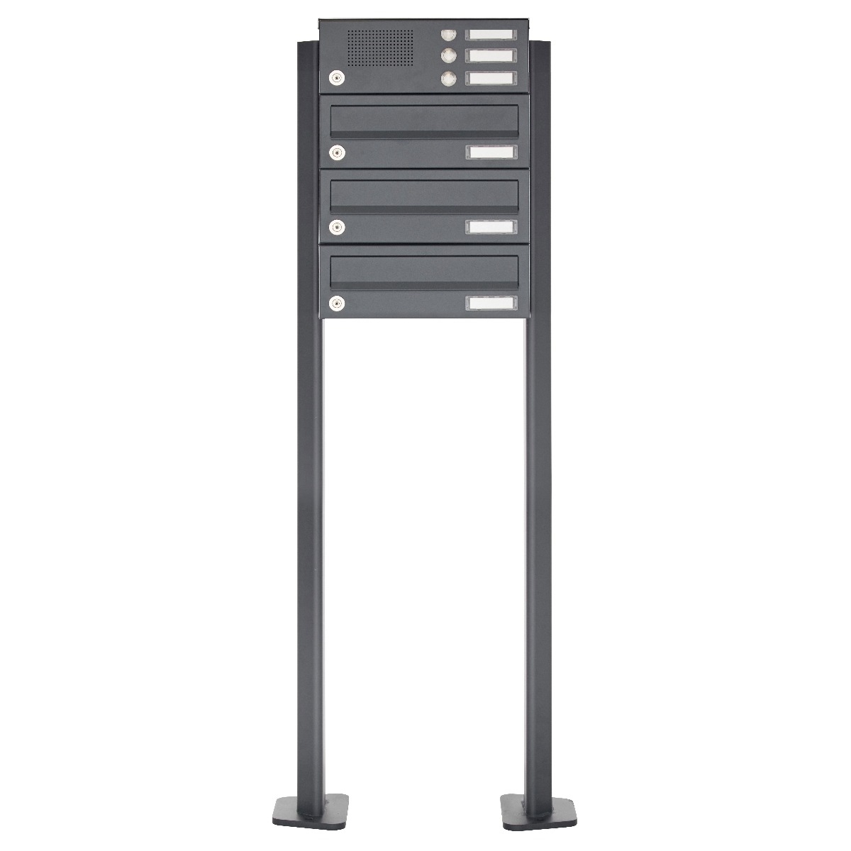 3 letterbox system freestanding Design BASIC 385P-7016-SP with doorbell intercom incl. side cladding &amp; rain cover - horizontal letterboxes - anthracite grey RAL 7016