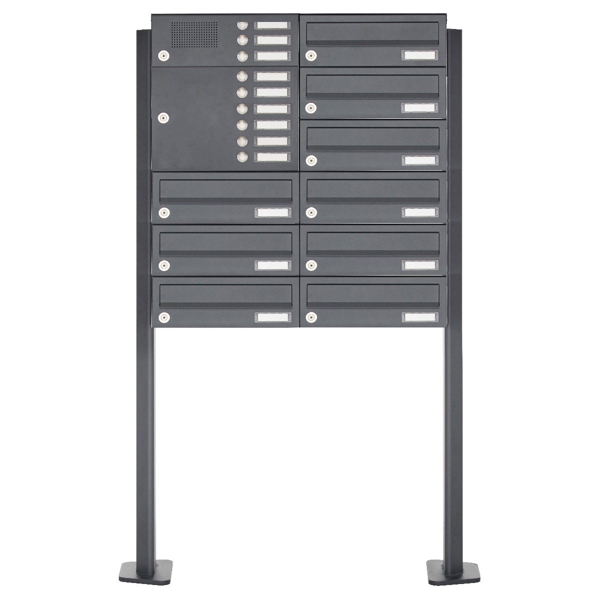9er Edelstahl Standbriefkasten Design BASIC Plus 385XP ST-T mit Klingelkasten - RAL nach Wahl