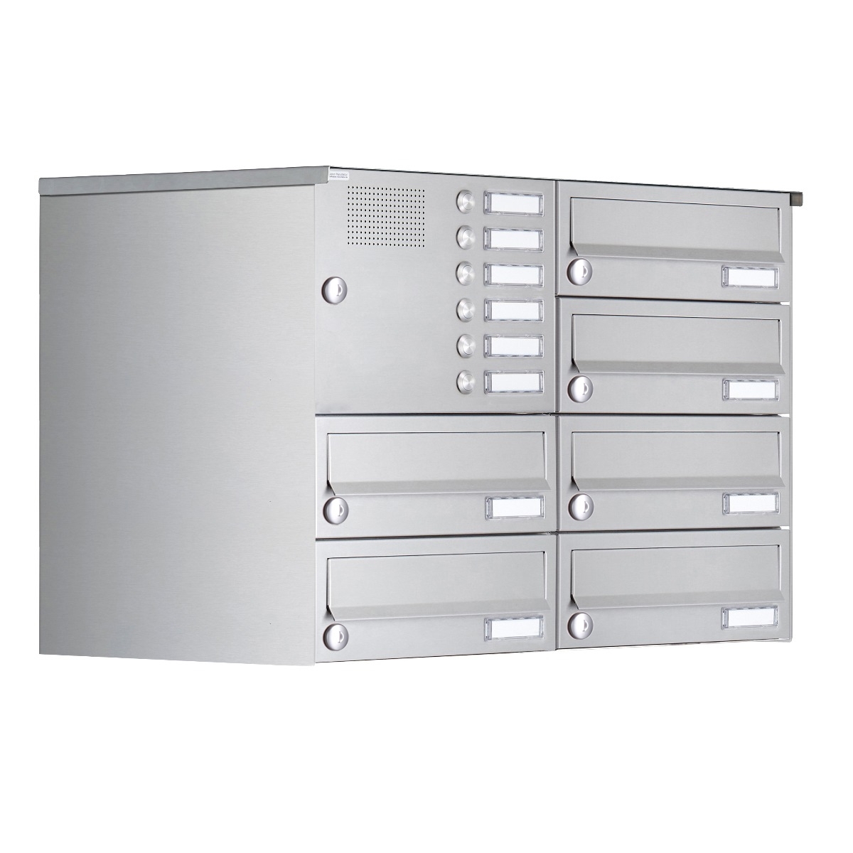 6er 4x2 Aufputz Briefkastenanlage Design BASIC 385A-VA AP mit Klingelkasten - Edelstahl V2A, geschliffen