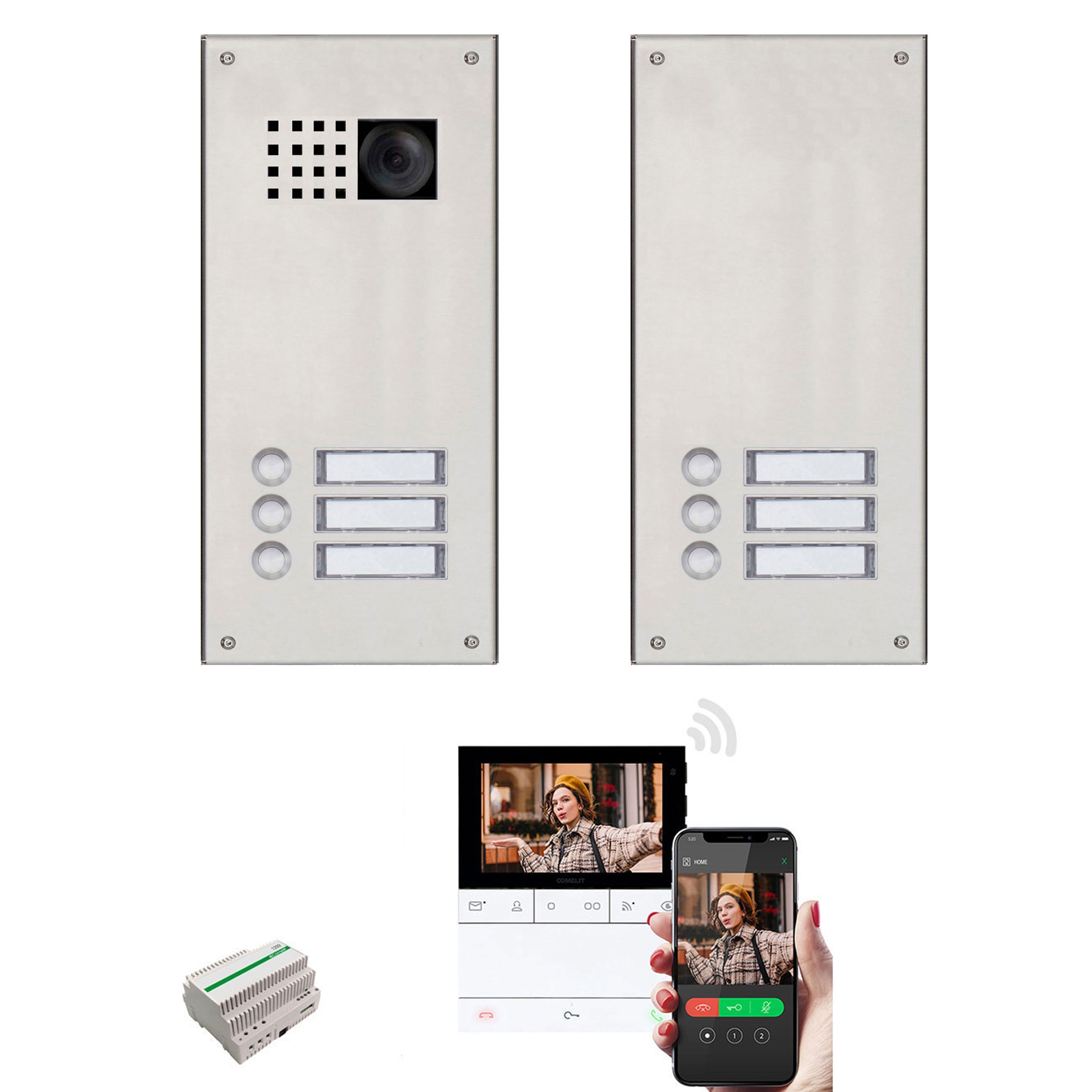 2 Edelstahl-Blenden 170x330 für 6 Parteien m. Comelit Ultra Video-Komplettset - Geschliffen