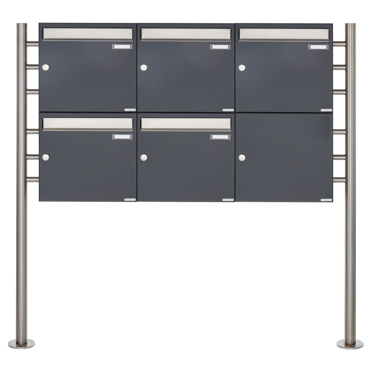 5er 2x3 Briefkastenanlage freistehend Design BASIC 381 ST-R - Edelstahl-RAL 7016 anthrazitgrau