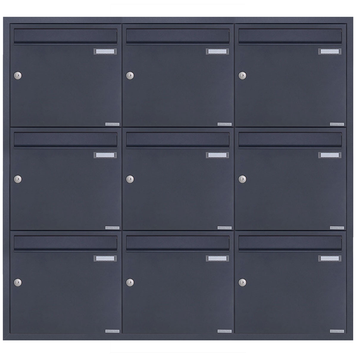 9er 3x3 stainless steel flush-mounted letterbox system BASIC Plus 382XU UP - RAL of your choice - 9 parties 9er 3x3 stainless steel flush-mounted letterbox system BASIC Plus 382XU UP - RAL of your choice - 9 parties