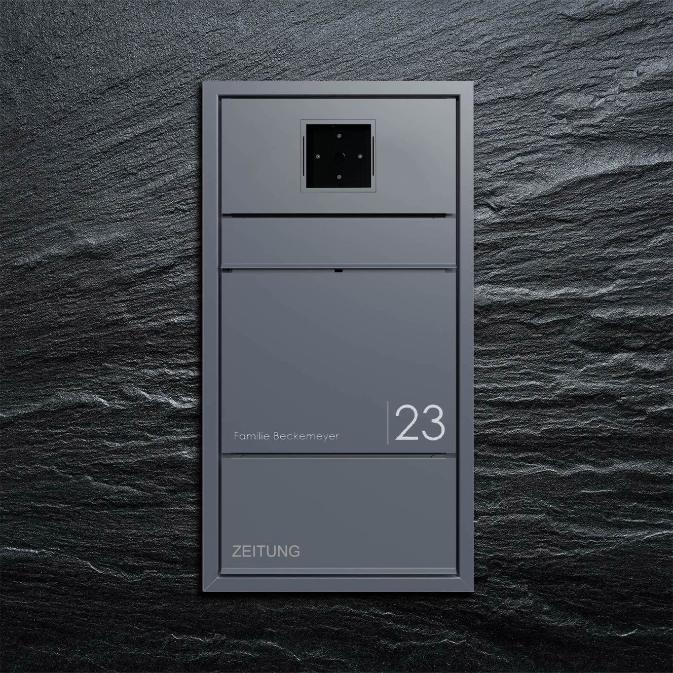 Design flush-mounted letterbox GOETHE UP with newspaper compartment - RAL of your choice - LOXONE Intercom prepared Design flush-mounted letterbox GOETHE UP with newspaper compartment - RAL of your choice - LOXONE Intercom prepared