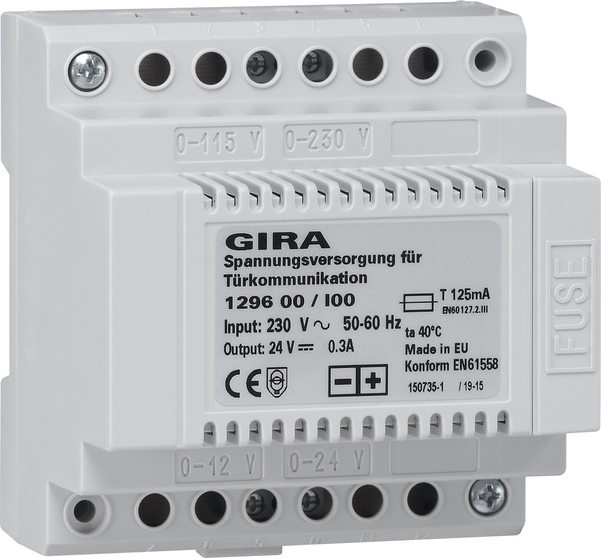 Gira power supply for door communication DC 24 V 300 mA REG 129600 Gira power supply for door communication DC 24 V 300 mA REG 129600