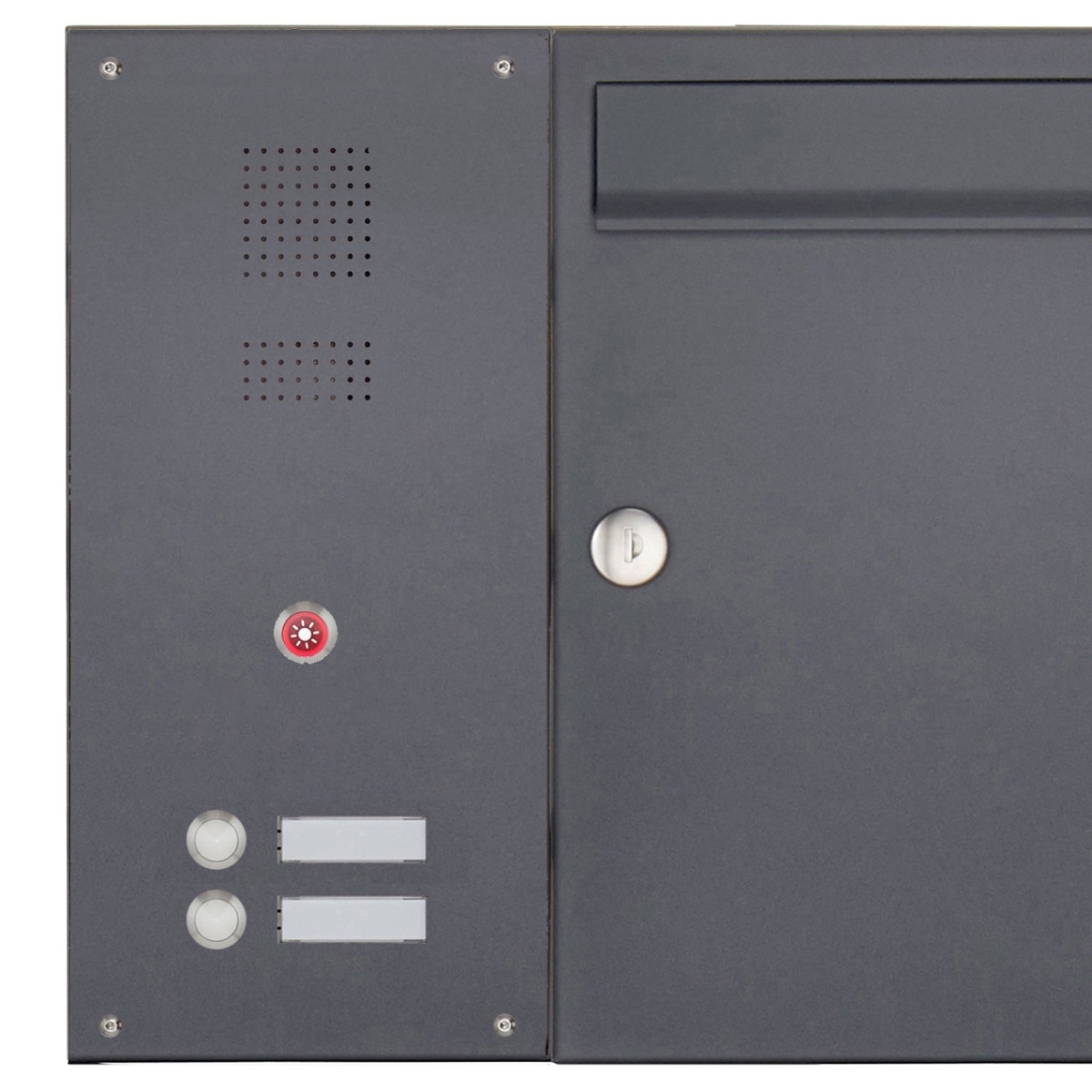 4-piece stainless steel flush-mounted letterbox system BASIC Plus 382XU UP with bell box on the side - RAL of your choice 4-piece stainless steel flush-mounted letterbox system BASIC Plus 382XU UP with bell box on the side - RAL of your choice